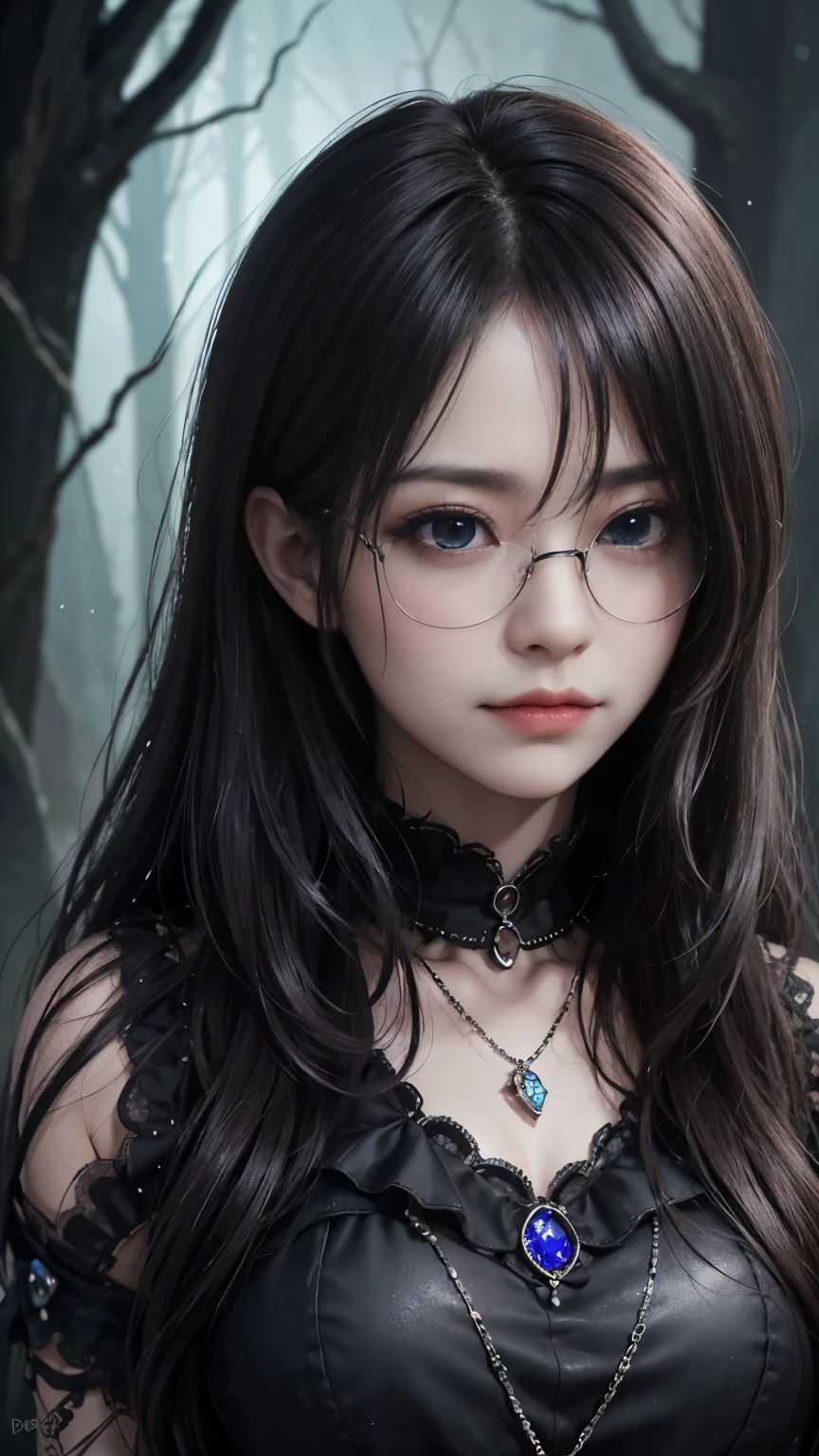 (highest quality,4K,8k,High resolution,masterpiece:1.2),Very detailed,(Realistic,photoRealistic,photo-Realistic:1.37), Close-up of a woman with dark hair and wearing a black dress, Dark Eyes,An ominous smile,((((Glasses))))、((((big sapphire necklace))))、Evil Aura,Burning Flames,Soul Corruption,Dark Shadows,An ominous atmosphere,Strange symbols,Cursed Land,Eternal Darkness,Unforgettable are present,Intimidating person,Grotesque features,Horror Scene,twisted reality,Scary atmosphere,A wonderful work of art,Evil Unleashed,Supernatural horror,Spooky art,nightmare fuel,Terrifyingly clear,Abstract fear,Terrifyingly beautiful,masterpiece,Fear incarnate,Shadow Chaos,are present,to be born々Shii Darkness,in style of Dark Fantasy Art, Dark Fantasy Art, Beautiful and elegant queen of darkness, Dark Fantasy Art, fantasy dark art, Dark fantasy digital art, Gothic fantasy art, Gothic Dark Maiden, Detailed Texture,Spooky creatures,An ominous atmosphere,Mythical,Space horror,darkness,Mysterious,Dark aesthetic,Fog Background,Eyes of another world,Ancient Gods々々々, Powerful wizard, MysteriousStanding in the woods. Flowing robes decorated with symbols, Arms stretched out, Powerful,Tentacles,Pitch black blackness,Majestic,Unfathomable depth,nightmare,The are present of the universe,an  ominousare present,seeping darknesss,Secrets of the Universe, (Spooky atmosphere), (((Dramatic Shadows), (Dynamic pose), ((Artistically expressed)), ((charm), (Gothic), (Mysterious Setting), (Moody color palette), (Skillfully drawn), (sense of unease), (Intricate details), (an  ominous smile), (an  ominous), (charm eyes), (Horror elements), (charm composition), (Impressive anatomy),(Striking contrast))), (Interesting character designs)、Dark Fantasy Portrait, Portrait of the Dark Goddess, 