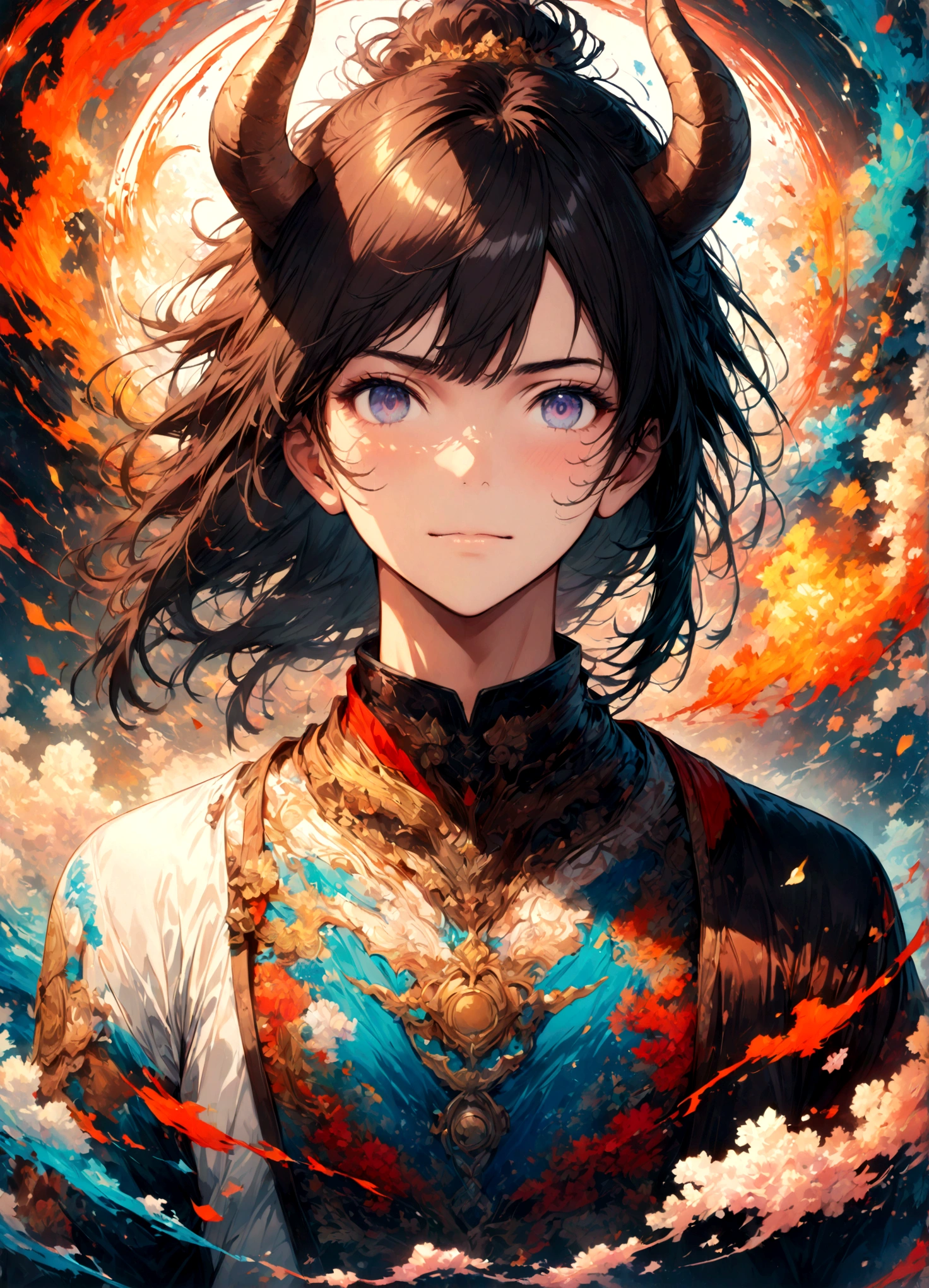 (1 male,hozuki:Black Hair:Demon Horns:Three white eyes),alone,comics『hozukino-reitetsu』Characters,,,effect,,,tattoo,,Digital Art,An illustration,Intricate details,,Wide range of colors,artwork,rendering,,(highest quality:1.4),(Very detailed:1.5),High resolution,Very detailed,unity 8k wallpaper,Draw artistic background,Light and shadow,Five elements,