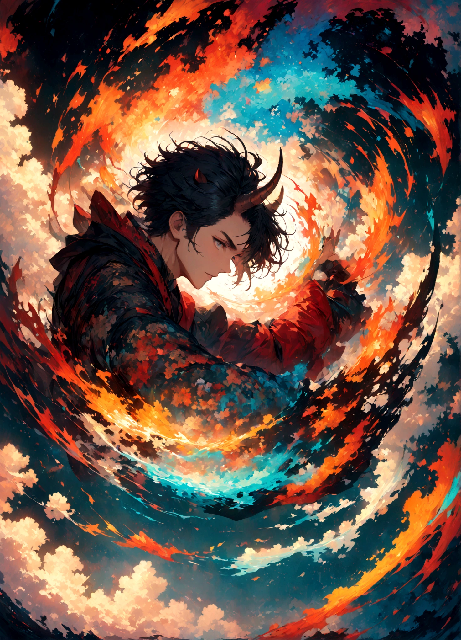 (1 male,hozuki:Black Hair:Demon Horns:Three white eyes),alone,comics『hozukino-reitetsu』Characters,,,effect,,,tattoo,,Digital Art,An illustration,Intricate details,,Wide range of colors,artwork,rendering,,(highest quality:1.4),(Very detailed:1.5),High resolution,Very detailed,unity 8k wallpaper,Draw artistic background,Light and shadow,Five elements,