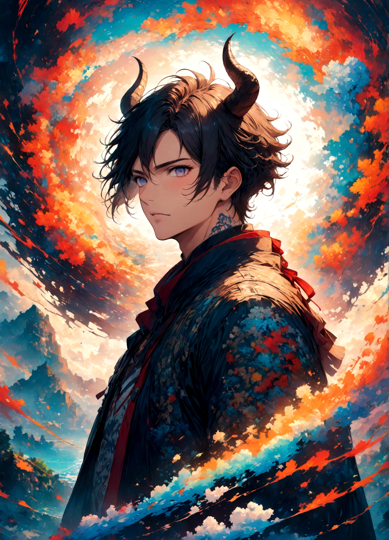 (1 male,hozuki:Black Hair:Demon Horns:Three white eyes),alone,comics『hozukino-reitetsu』Characters,,,effect,,,tattoo,,Digital Art,An illustration,Intricate details,,Wide range of colors,artwork,rendering,,(highest quality:1.4),(Very detailed:1.5),High resolution,Very detailed,unity 8k wallpaper,Draw artistic background,Light and shadow,Five elements,