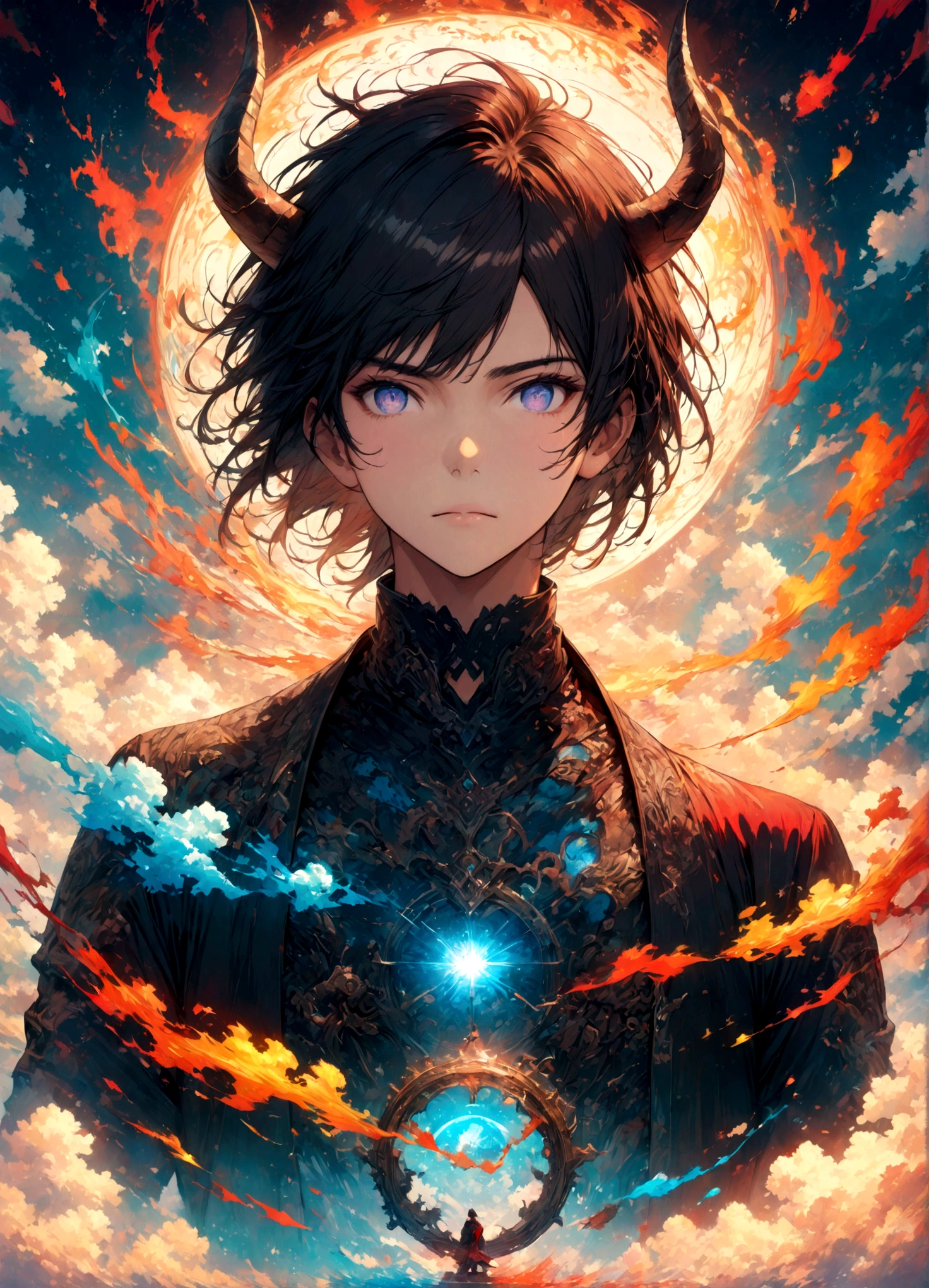 (1 male,hozuki:Black Hair:Demon Horns:Three white eyes),alone,comics『hozukino-reitetsu』Characters,,,effect,,,tattoo,,Digital Art,An illustration,Intricate details,,Wide range of colors,artwork,rendering,,(highest quality:1.4),(Very detailed:1.5),High resolution,Very detailed,unity 8k wallpaper,Draw artistic background,Light and shadow,Five elements,