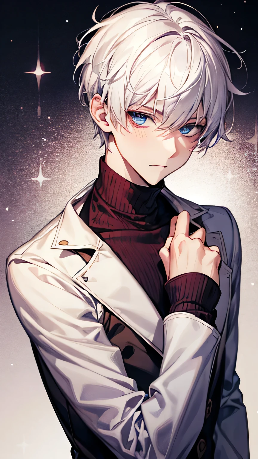 Blue eyes, white hair, male, teenager, short hair,  two block hair, maroon turtleneck