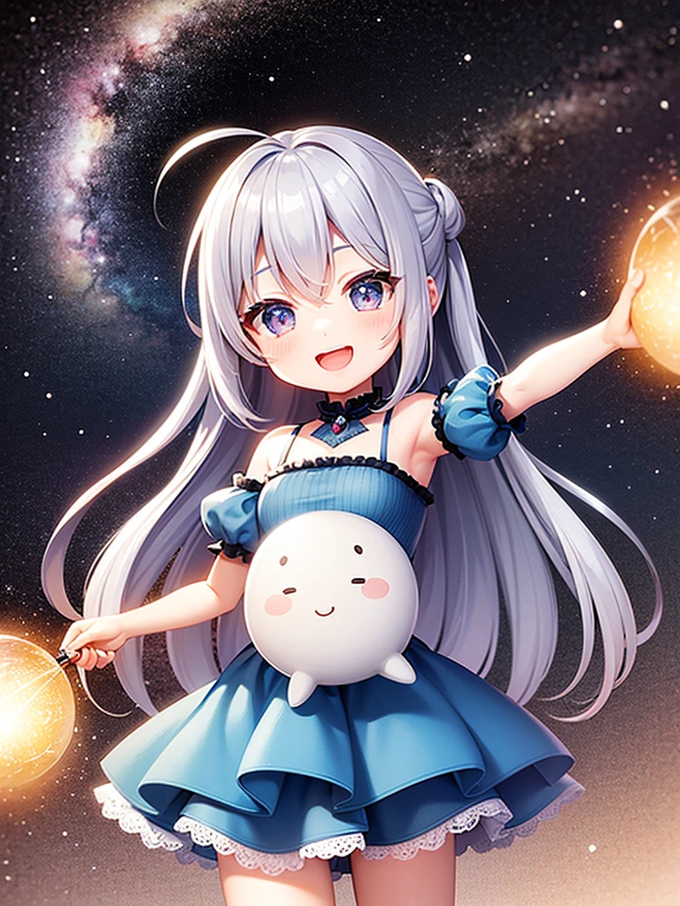 highest quality、Masterpiece、A meteor shower pouring down into the night sky、One girl、Chibi Character、Gray Hair、Hair tied up、Light blue and pink dress、Big Eyes、Open mouth smile、Standing pose