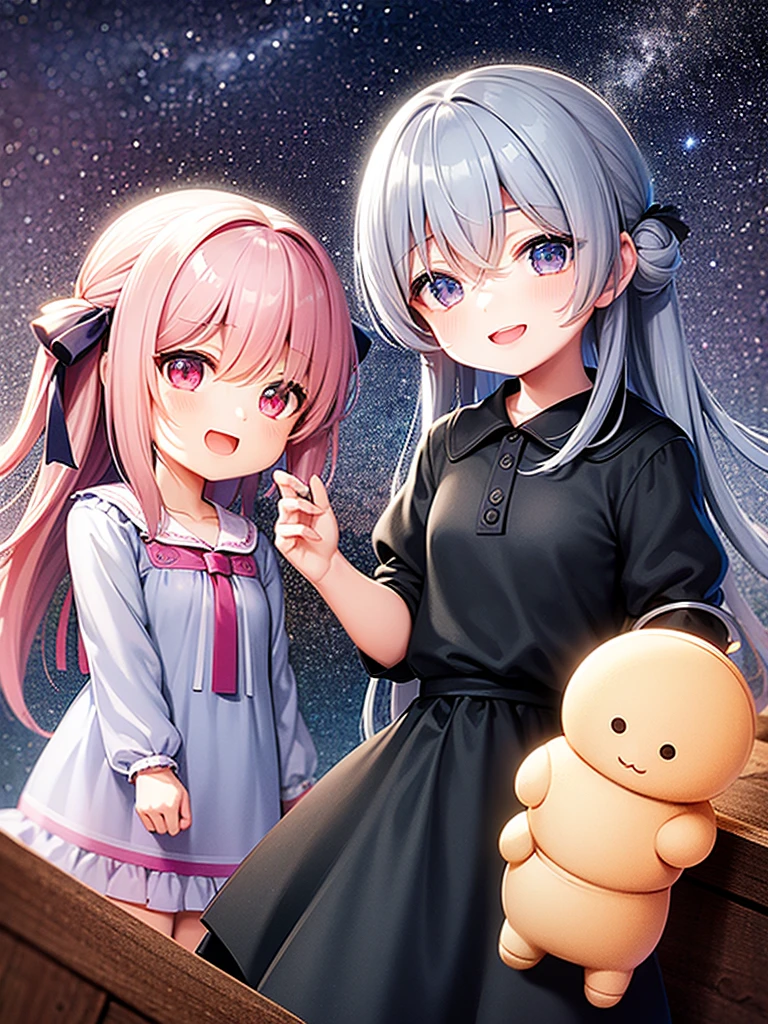 highest quality、Masterpiece、A meteor shower pouring down into the night sky、One girl、Chibi Character、Gray Hair、Hair tied up、Light blue and pink dress、Big Eyes、Open mouth smile、Standing pose