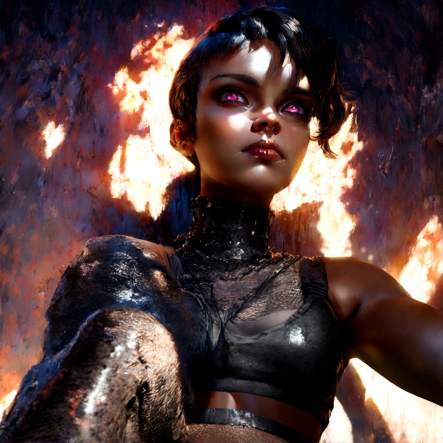 a sexy black woman, cropped beige tank top, toned stomach, torn denim pants, fishnet stockings, beautiful detailed eyes, beautiful detailed lips, extremely detailed face, long eyelashes, photorealistic, cinematic lighting, dramatic shadows, vibrant colors, masterpiece, 4k, hyper detailed