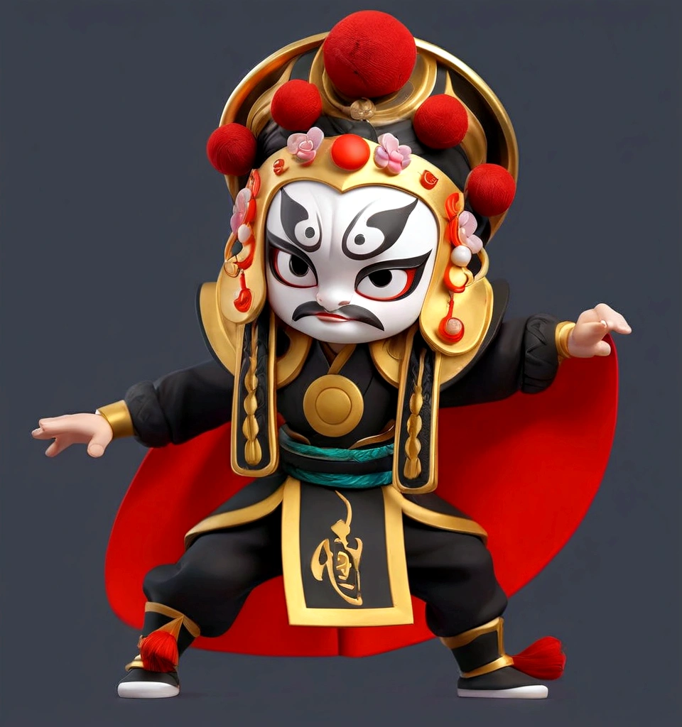Close-up of a cartoon character wearing a red cape, Peking Opera, Inspired by Pu Hua, Inspired by Hu Zaobin, Inspired by Wu Bin, Ashura,From Chinese mythology,3D Intellectual Property Design, Pop Matt Style, Blind Box Toys, A super cute Chinese boy with Chinese Sichuan Opera characters, Chinese Traditional Festivals, Red, Black clothing,Happy, kung fu pose, Studio Lighting, Clean background, 3D, c4d, Blender, Redshift, Super detailed,