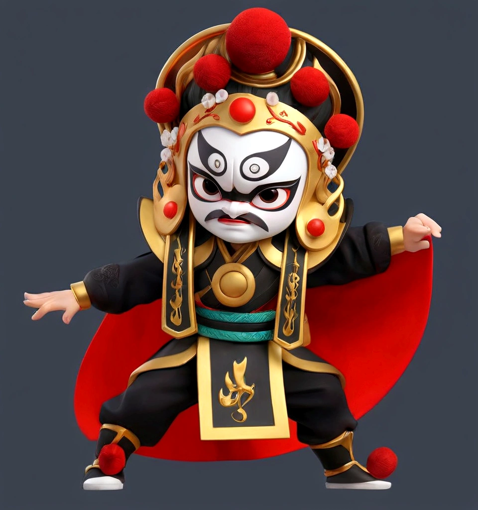 Close-up of a cartoon character wearing a red cape, Peking Opera, Inspired by Pu Hua, Inspired by Hu Zaobin, Inspired by Wu Bin, Ashura,From Chinese mythology,3D Intellectual Property Design, Pop Matt Style, Blind Box Toys, A super cute Chinese boy with Chinese Sichuan Opera characters, Chinese Traditional Festivals, Red, Black clothing,Happy, kung fu pose, Studio Lighting, Clean background, 3D, c4d, Blender, Redshift, Super detailed,