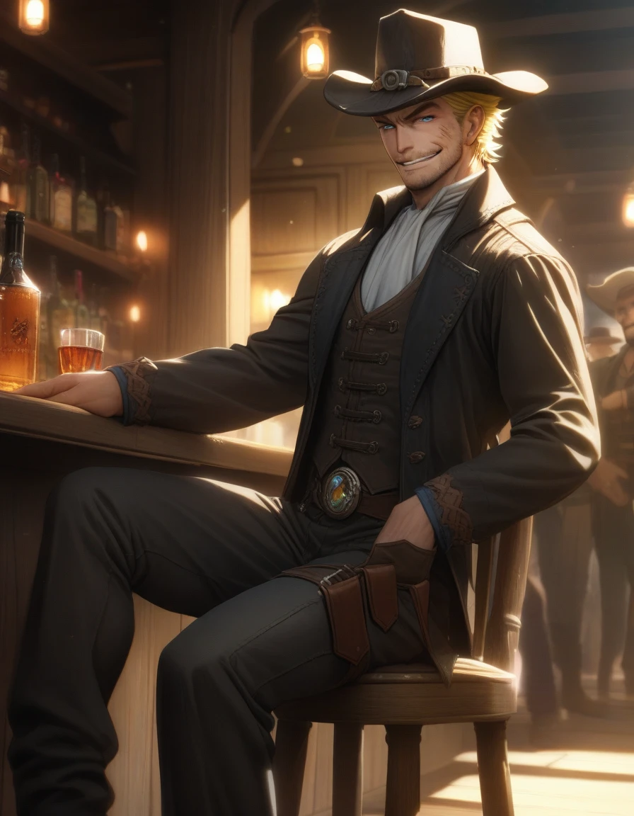 1man, mature gunman, blond, short hair, little scruff, blue eyes, ordinary outlaw, handsome Caucasian, ugly face, super detailed skin, dandy, smirk, BREAK cowboy costume, cowboy hat, black coat, waist holster, 1800s style outfit, BREAK fullbody, solo focus, looking at viewer, indoor, Western bar, at night, sitting on chair, detailed background, from side, romantic expression, cinematic shadows, cinematic lighting, lens flare, light leaks, in eroge style, 8k, sharp vision, extreme all detailed, masterpiece, best quality