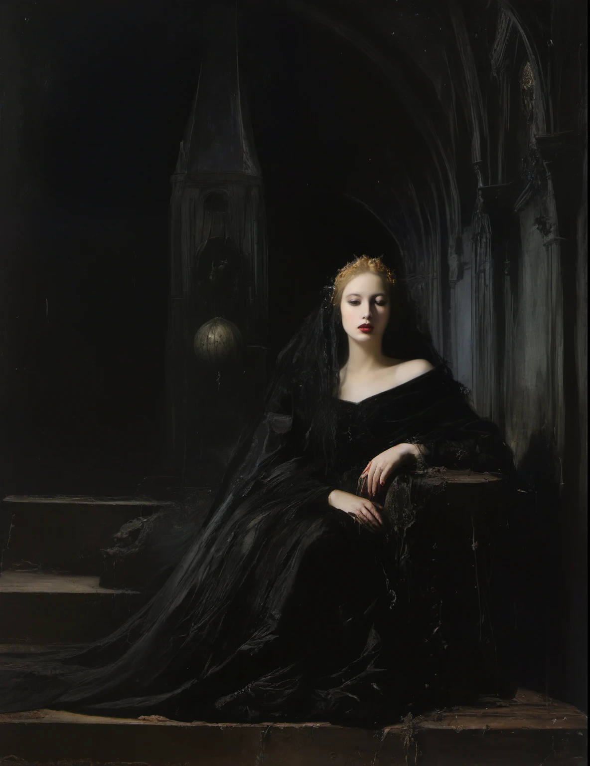 James Gurney, Surrealist art , dream-like, Mysterious, Provocative, symbolic, Complex, detailed,, (Gothic but very beautiful:1.4), (masterpiece, highest quality:1.4) , Nicola Samori Style, Queen of the Night
