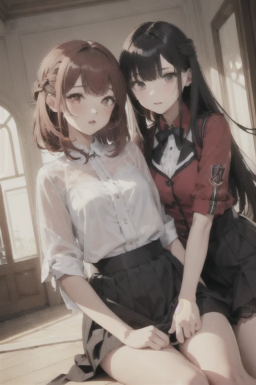 2 girls, Redhead, Updo, Facial hair stripes, Red eyes, mascara, abdomen, skirt, Sagging under the eyes, Sitting,Ground angle shot, Viewers looking up,  Impact, 8k, masterpiece,Thighs,color、sexy、Wear a lace jacket