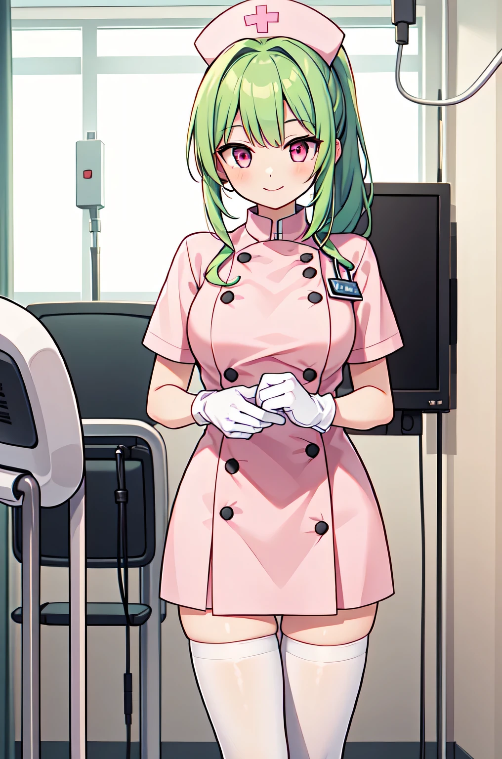 1girl, solo, nurse, nurse cap, white nurse uniform, ((white legwear, zettai ryouiki)), white gloves, ponytail, green hair, pink eyes, smile, standing, ((hospital room)), sharp outline, short sleeves, best quality, masterpiece