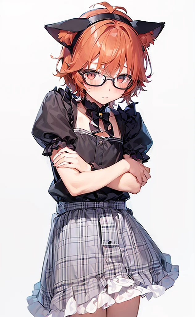 (((Boy with cat ears))), 8k, ((best quality)), 7 , very cute, orange hair, (((very blush))), Wear glasses, 