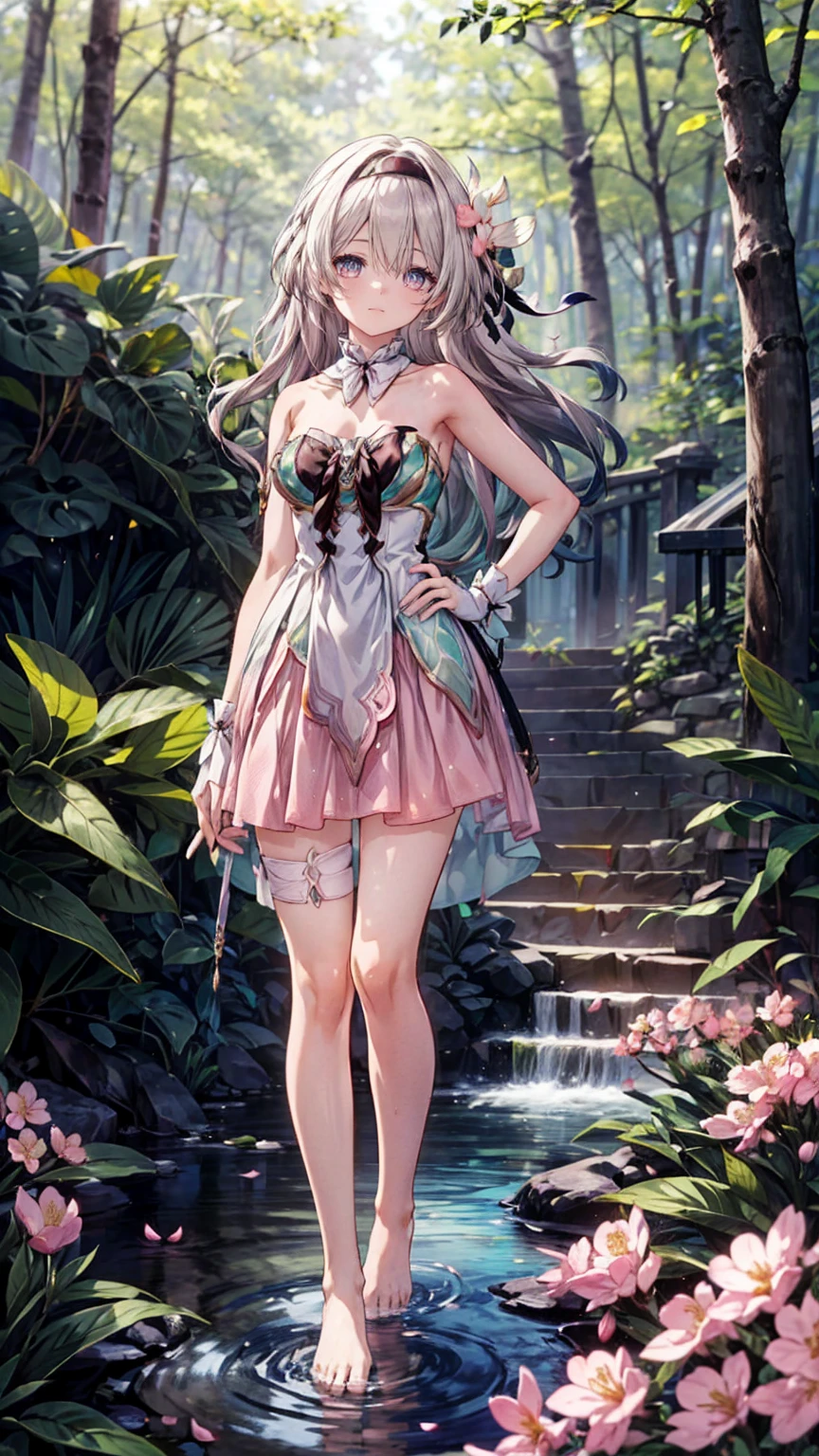 (Pink strapless dress :1.5), silver Long hair, black _ hair band, X-shaped _ eyebrows, hair band, POE _ Hair, bangs, bare shoulders, full body shot, white stockings, (Peach Blossom Forest:1.3),Creek,Bare feet,soaking feet,hand on hip