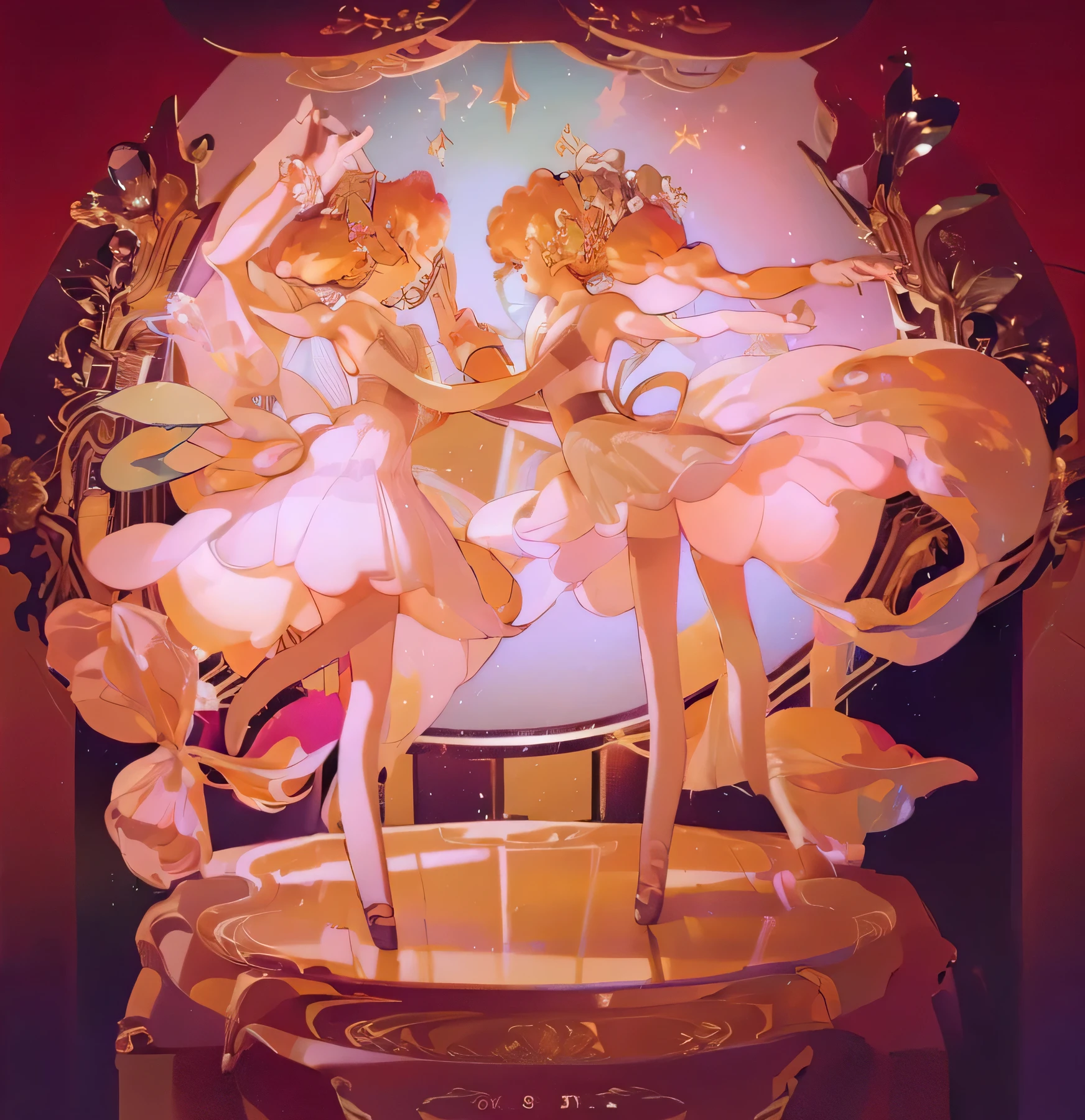 Two ballerinas dancing on a music box, pink tutus, tan skin, orange and brown hair, 2girls, ballet, grand, masterpiece, warm lighting, spotlight, enchanting, masterpiece, intense light