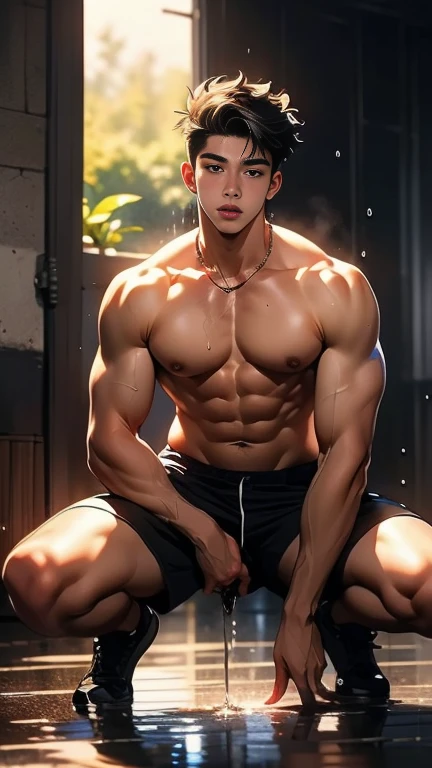 Anime style, Boy, ager, 17 yth perfect, round shiny buttocks, SWEATY BODY,Front light, wet thong, The sun shone on front off his body, Very wet body, sweating, exposing his sexy chest, Very hot sunny day, Fluffy chest, Curly Short hair , squat pose, on the sport field, seducing, just Wearing wet white Tiny thong exposing his big bulge, very wet body, fit body, teenager, Very y teenager boy, Very bard dick, sweat covering all over the body, Sweat dripping all over the body, The colors are bright and vibrant, enchancing the overall aesthetic, don't merge body's, detailed eyes and lips, sixpack and fit body Anime style, oil painting,
