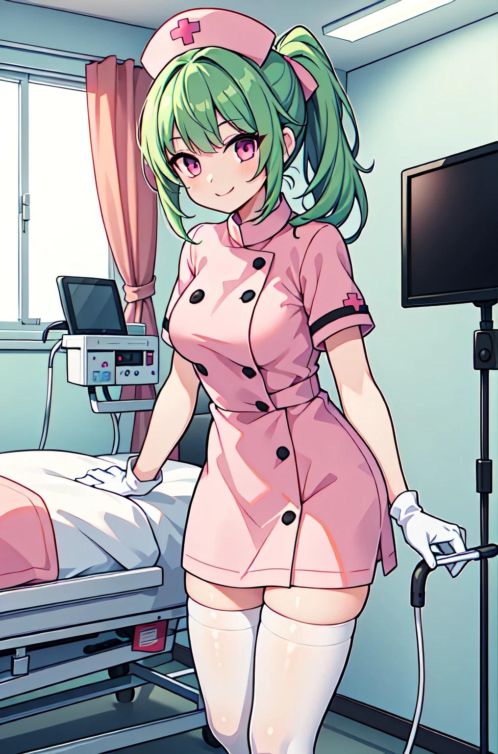 1girl, solo, nurse, nurse cap, white nurse uniform, ((white legwear, zettai ryouiki)), white gloves, ponytail, green hair, pink eyes, smile, standing, ((hospital room)), sharp outline, short sleeves, best quality, masterpiece
