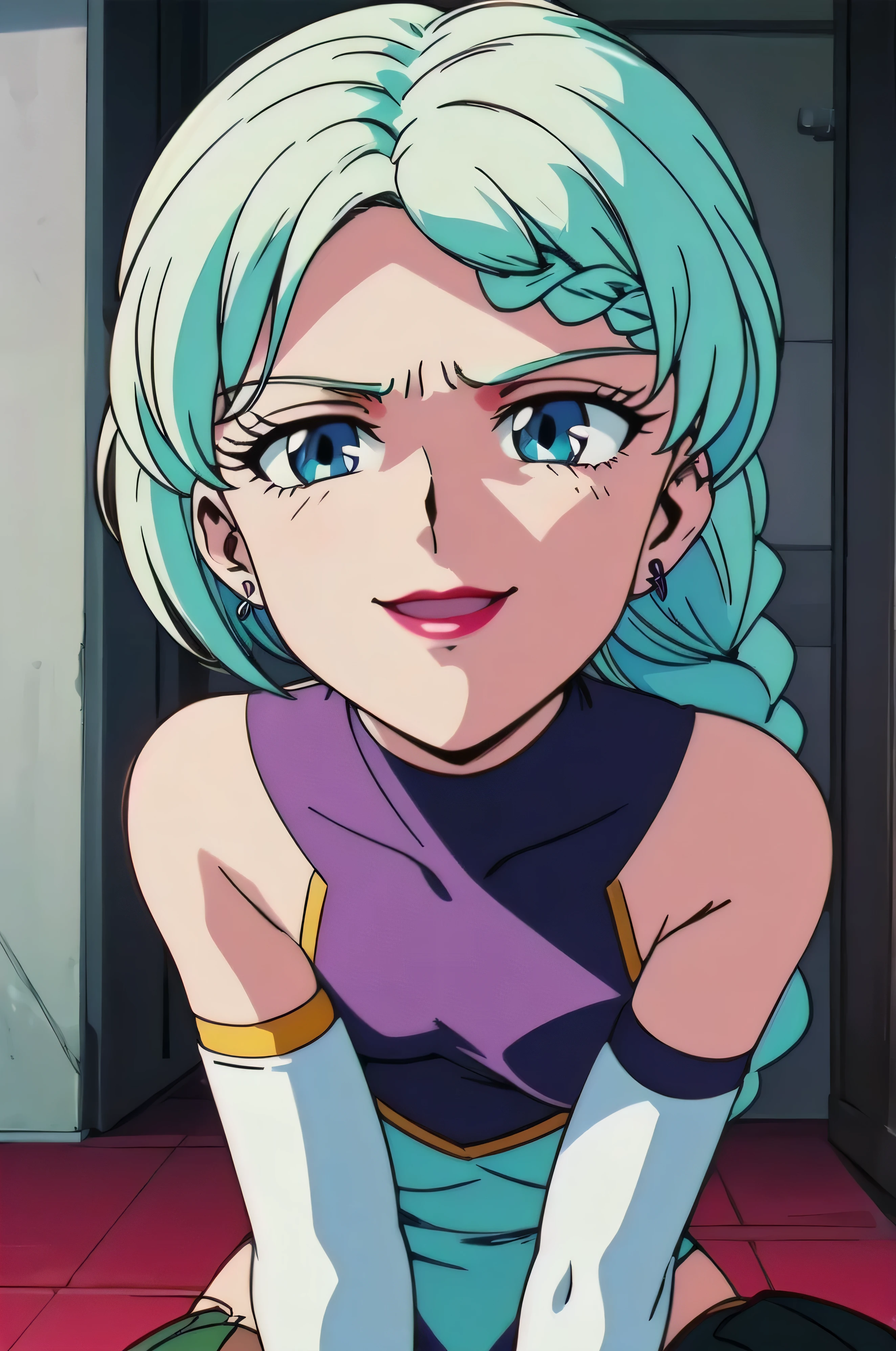 1girl, solo, facing viewer, looking at viewer,,evil smile, BERTIE,lightblue leotard,elbow gloves,thighhigh boots,Highly detailed CG Unity 8K wallpaper, perfect lightingofficial art,short pants,(beautiful_face:1.5),(narrow_waist),,Highly detailed CG Unity 8K wallpaper, perfect lighting, anime screencap, retro artstyle, anime coloring, traditional media,evil huge laugh,lipstick,black and dark aura backgroud,sadistic,shaded face,single braid,smile worst,erotic,lewd,one braid