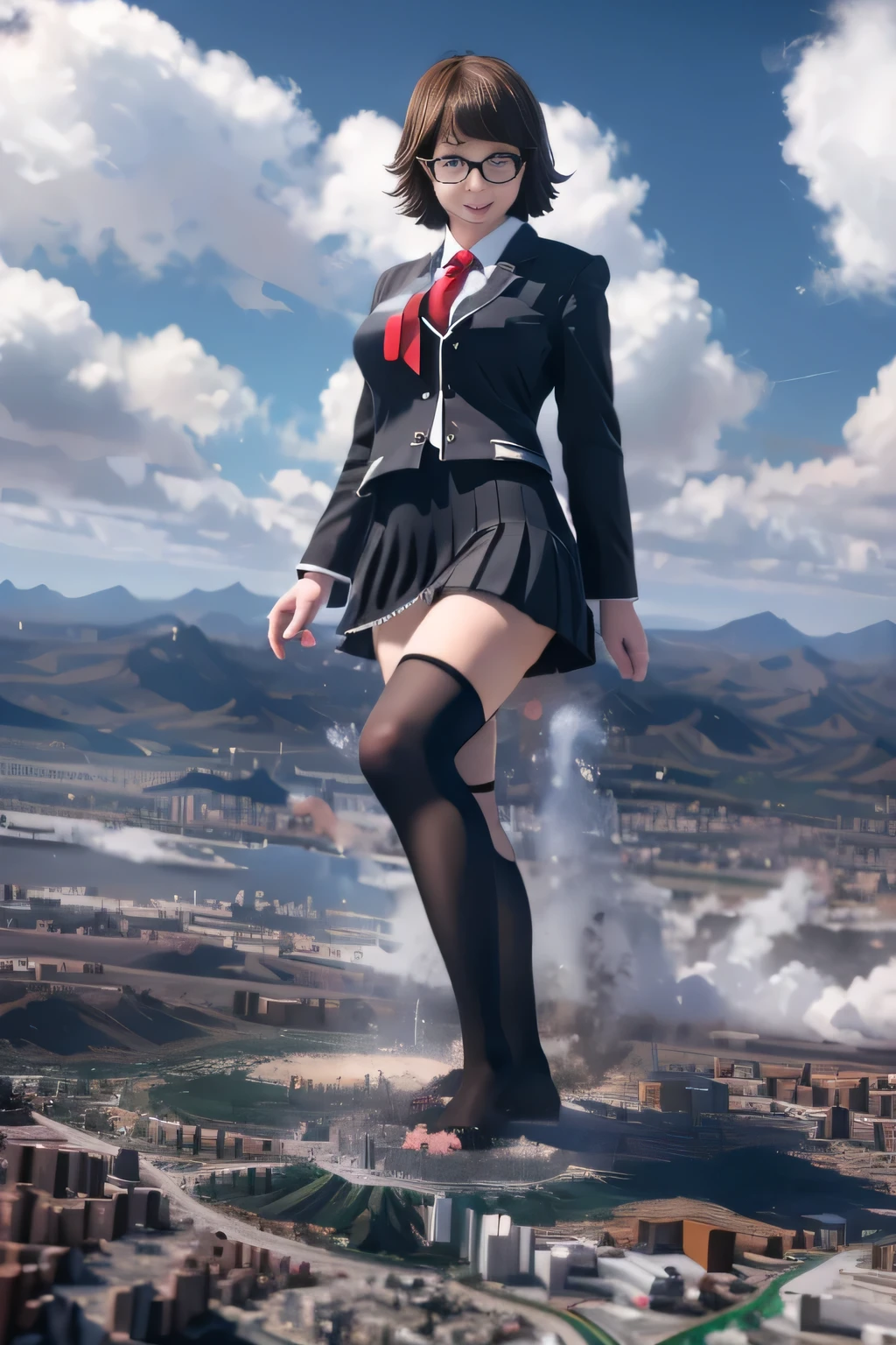 giantess art, highly detailed giantess shots, giantess, Two legs, Five fingers, short hair, A gigantic high school girl who is taller than a skyscraper, Wearing rimless glasses, smile, Big Breasts, Navy blazer, Red tie, mini skirt, Black Pantyhose, black pantyhose, no shoes on, toes visible through pantyhose, Steam coming out from the soles of my feet, Destroying cities, A very small big city, Miniature metropolis, Full body description, GTS, giga giantess, stomping city, crash city, tiny city, micro city, pantyhose feet, High resolution, highest quality, masterpiece, 