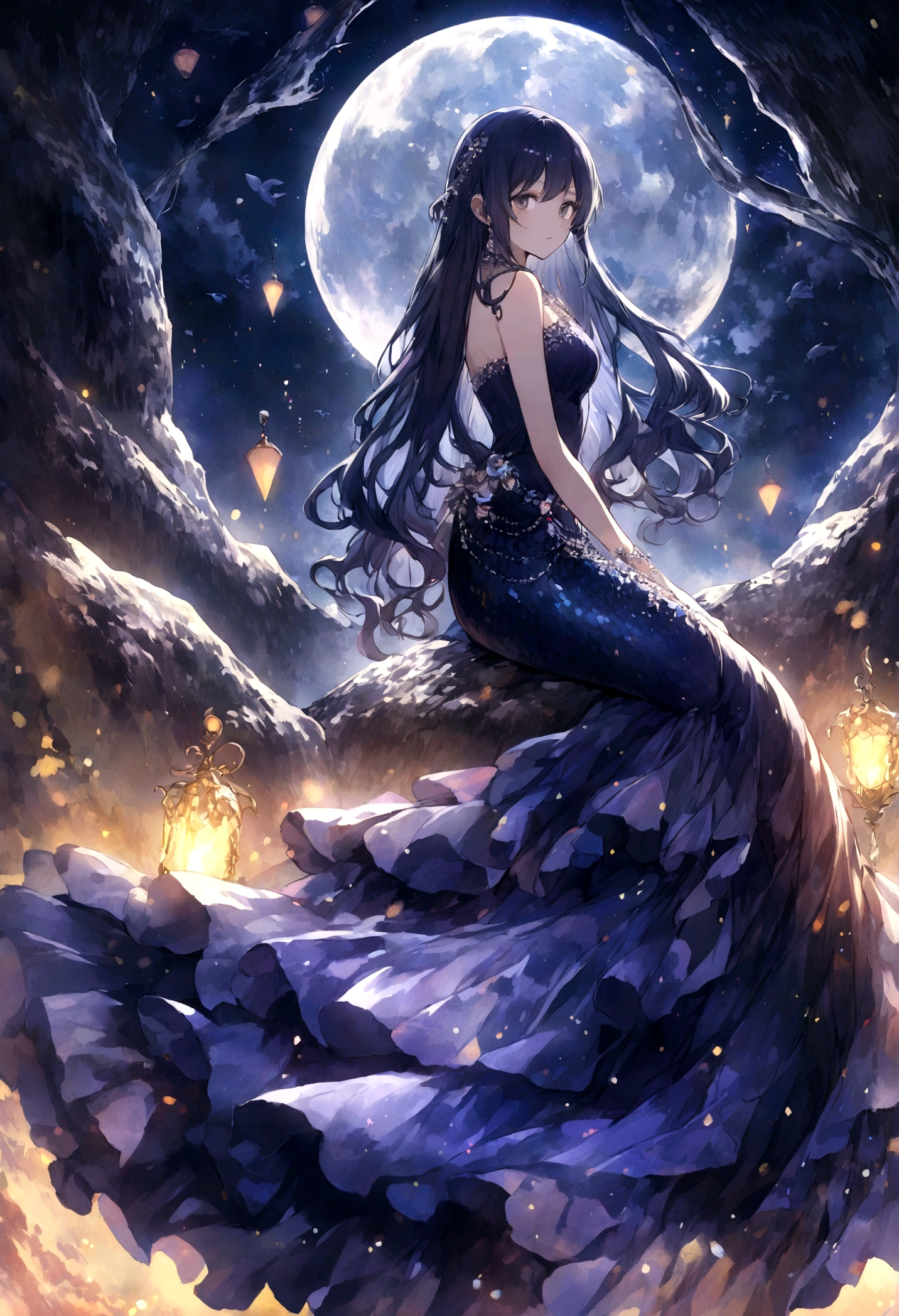 mermaid、18-year-old、Beautiful fish lower body、Night beach、Beautiful Moonlit Night、long hair、Hair tip wave、pearl、Diamond jewellery、Fantasy Illustration、mysterious