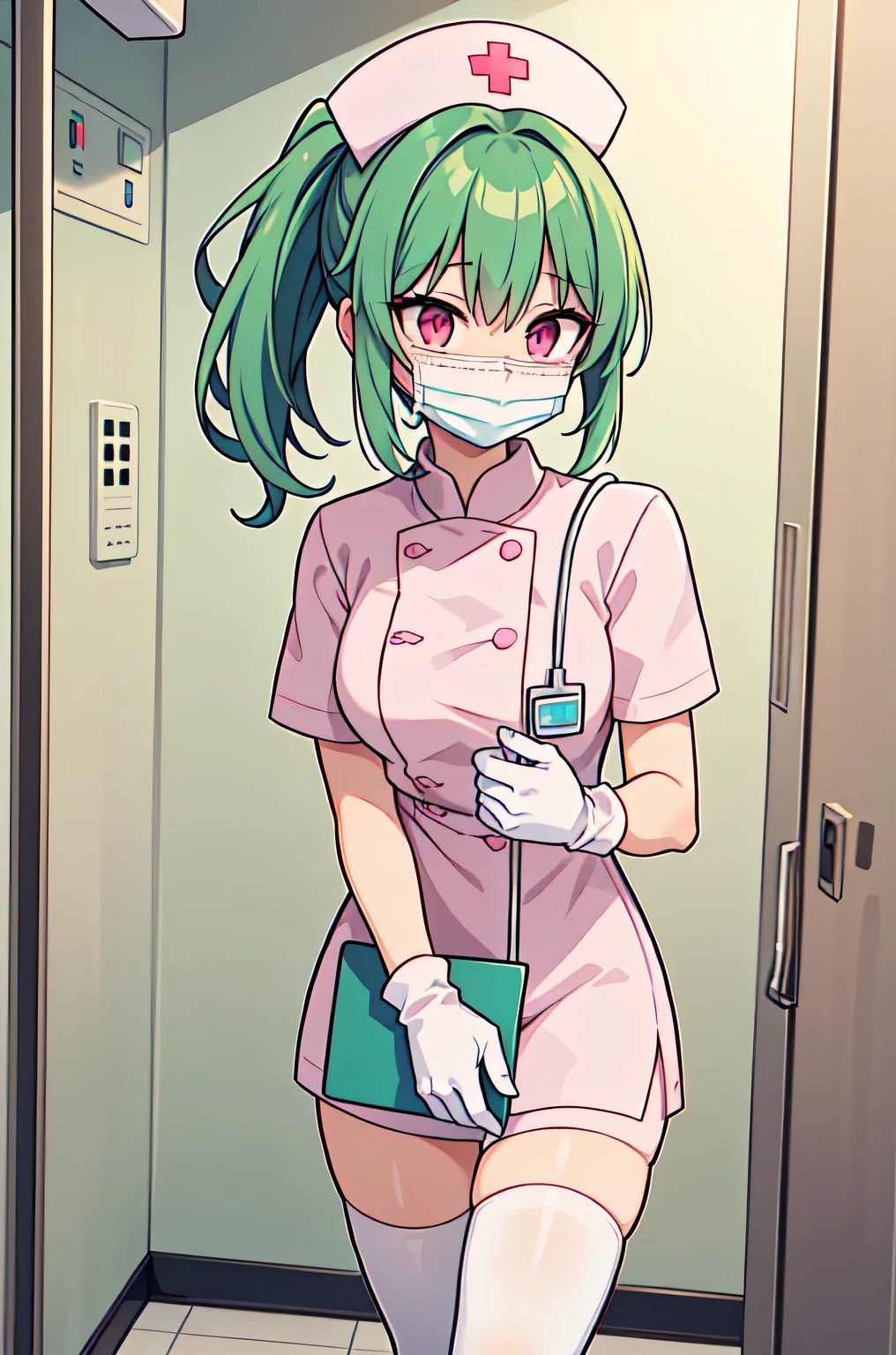 1girl, solo, nurse, nurse cap, white nurse uniform, ((white legwear, zettai ryouiki)), white gloves, ponytail, green hair, pink eyes, ((white surgical mask, covered nose)), standing, ((hospital room)), sharp outline, short sleeves, best quality, masterpiece