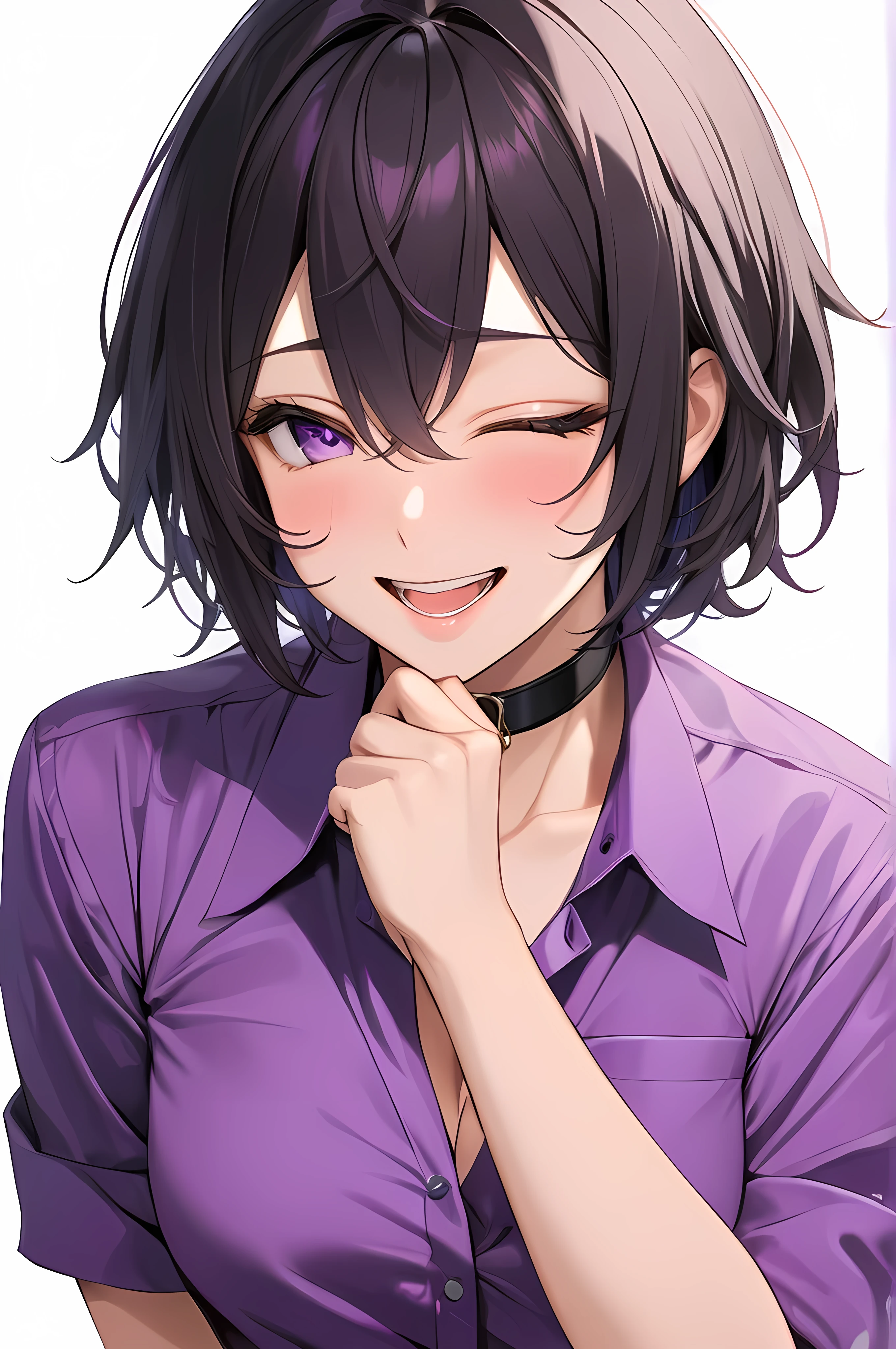 High-resolution anime digital art, Masterpiece, upper full body, tomboy, mature, sexy, smart, hair color black, short pitch black hair, real detail eyes pupil purple, long purple plain closed button shirt, black chokers, doubled over, eyes squeezed shut, mouth wide open in laughter, with a hand clasped over her midsection. (simple background, white background)