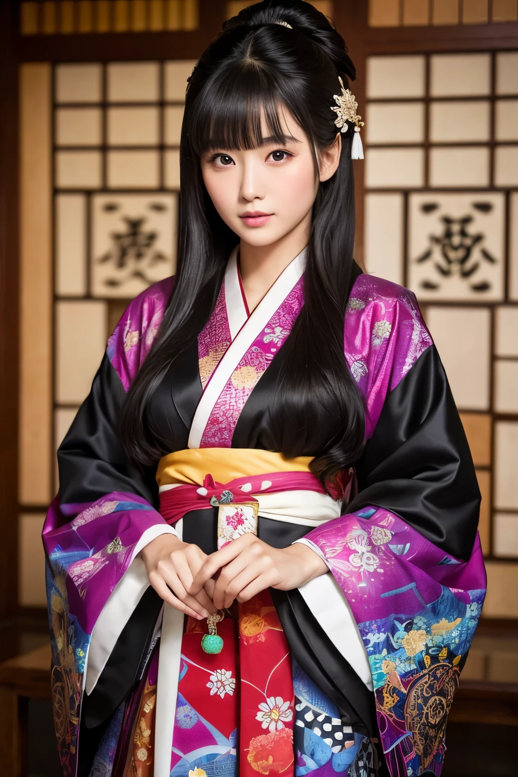 highest quality,masterpiece,Japanese Princess,Black Hair,Fair skin,Long Hair,Twelve-layered robe,Kimono with flashy patterns,Intelligence,sexy,