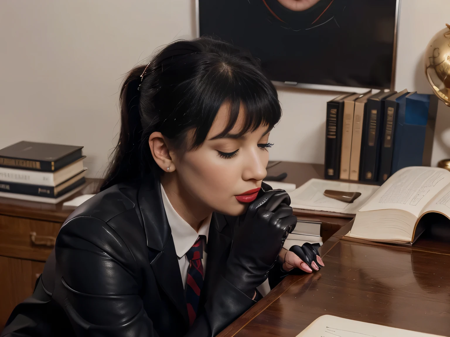 The secretary, 25 years old, Bettie Page, (( alone with her lover man )) ponytail, black hair, completly dressed in a Navy blue wool blend trouser suit with peak lapels, red lipstick, ((detailed black leather gloves)), (( hands down over her desk in  a lawyer's office with a man behind her doing anal sex ))  (( perfect size penis)) (( eyes closed))  perfect body, perfect penis, 4k, , (HD) (( three sided view, )) 