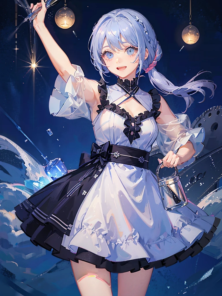 highest quality、Masterpiece、A meteor shower pouring down into the night sky、One girl、Chibi Character、biceps、Gray Hair、Hair tied up、Light blue and pink dress、Big Eyes、Open mouth smile、Standing pose