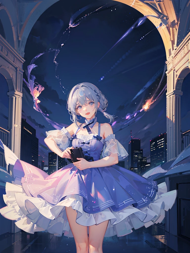 highest quality、Masterpiece、A meteor shower pouring down into the night sky、One girl、Chibi Character、biceps、Gray Hair、Hair tied up、Light blue and pink dress、Big Eyes、Open mouth smile、Standing pose