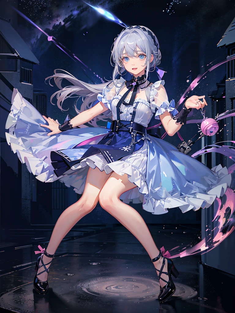 highest quality、Masterpiece、A meteor shower pouring down into the night sky、One girl、Chibi Character、biceps、Gray Hair、Hair tied up、Light blue and pink dress、Big Eyes、Open mouth smile、Standing pose