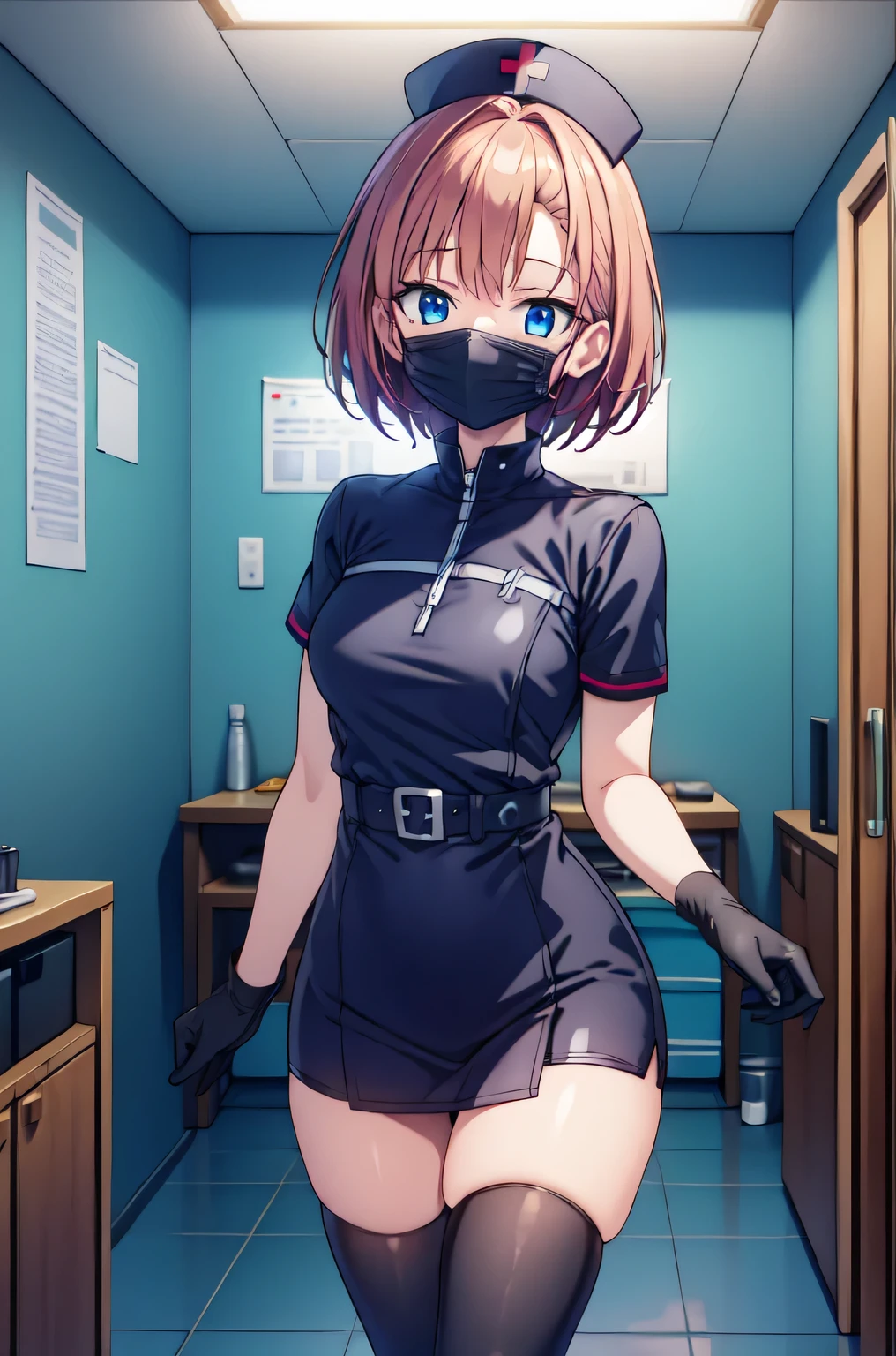 black nurse, 1girl, solo, black nurse cap, black nurse uniform, ((black legwear, zettai ryouiki)), black elbow gloves, very short hair, orange hair, ((black surgical mask, covered nose)), standing, ((surgery room)), sharp outline, short sleeves, tomboy, boyish, best quality, masterpiece
