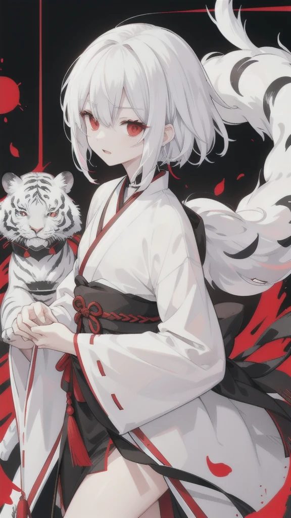 Short white hair,Red eyes,Black and white tiger pattern Hanfu armor,Black and white dagger