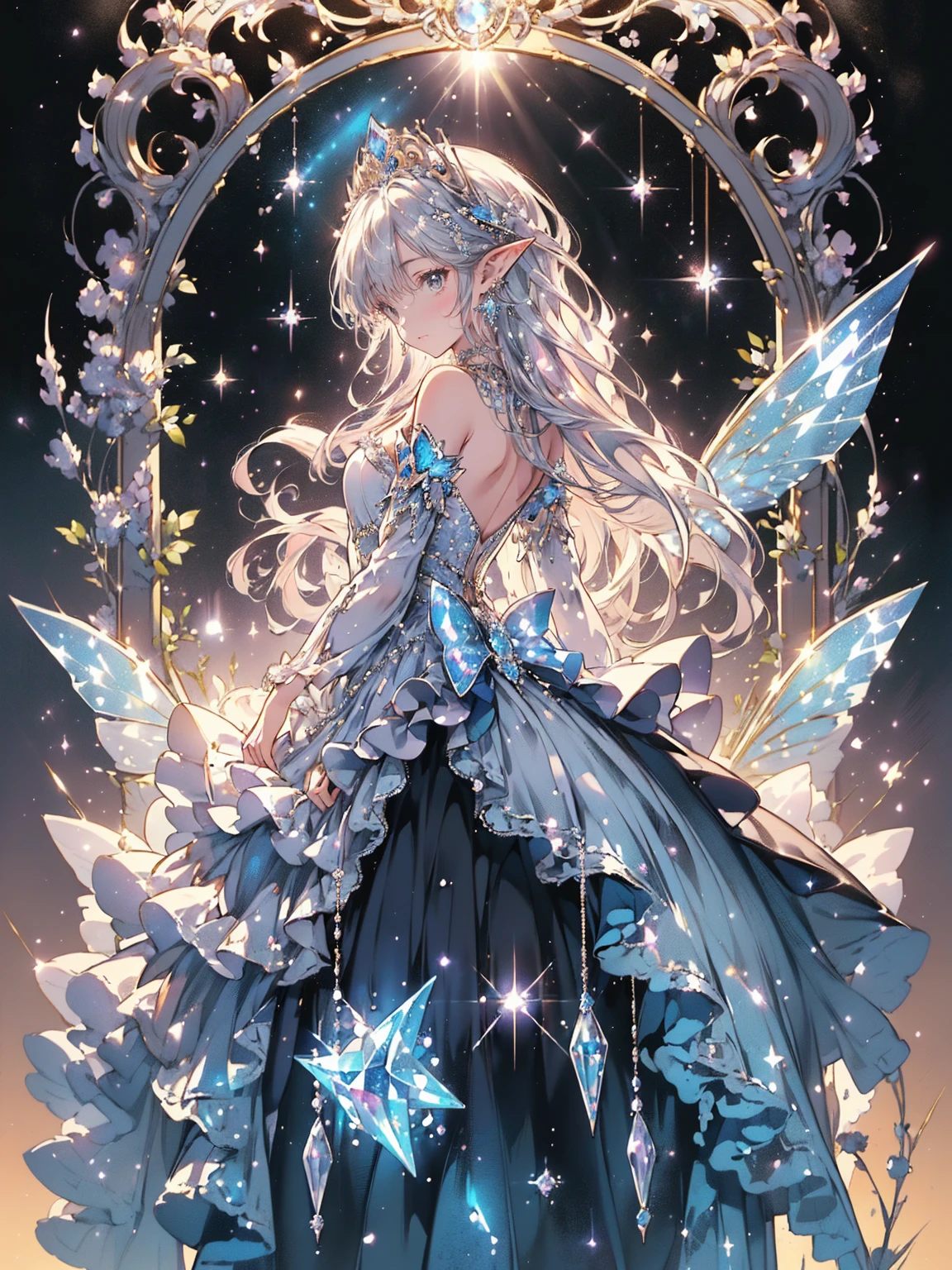 (masterpiece,highest quality, Very detailed, beautiful, Exquisite, 16k, Full HD),((Dynamic Angle)), (((Moonlit Night,full moon,Starry Sky,meteor群,meteor,))),((smile,kind,smile,)),(Wish,pray:1.2),((Frills, Rhinestones, silver and diamonds,Light blue fluffy layered ball gown)),((Diamond Sparkle)),((Butterfly Wings)),(Diamond Tiara,Diamond Choker,Diamond Earrings,Diamond Shoes,),(Golden medium hair,Hair blowing in the wind, Fluffy hair),(White skin,Lavender eyes, Long eyelashes, Big eyes,Pale pink cheeks, Pointed Ears), (Tabletop, Art Station, Fantasy art:1.2),