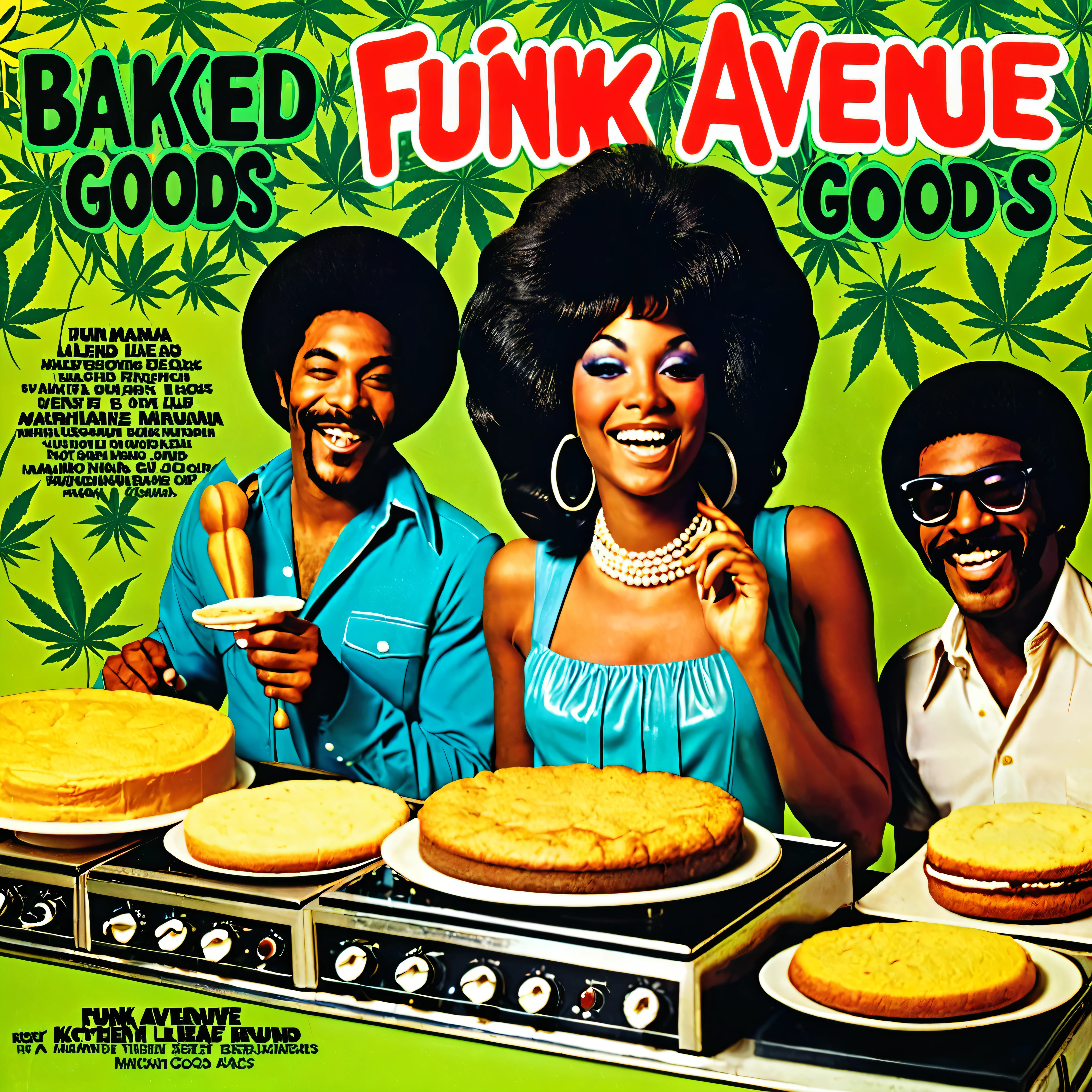 1970s r&b vinyl cover for a song called "Baked Goods" by a band named Funk Avenue, kitchen, marijuana leaf, marijuana,