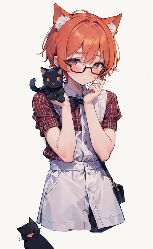 (((Boy with cat ears))), 8k, ((best quality)), 7 yease old, very cute, orange hair, (((very blush))), Wear glasses, 