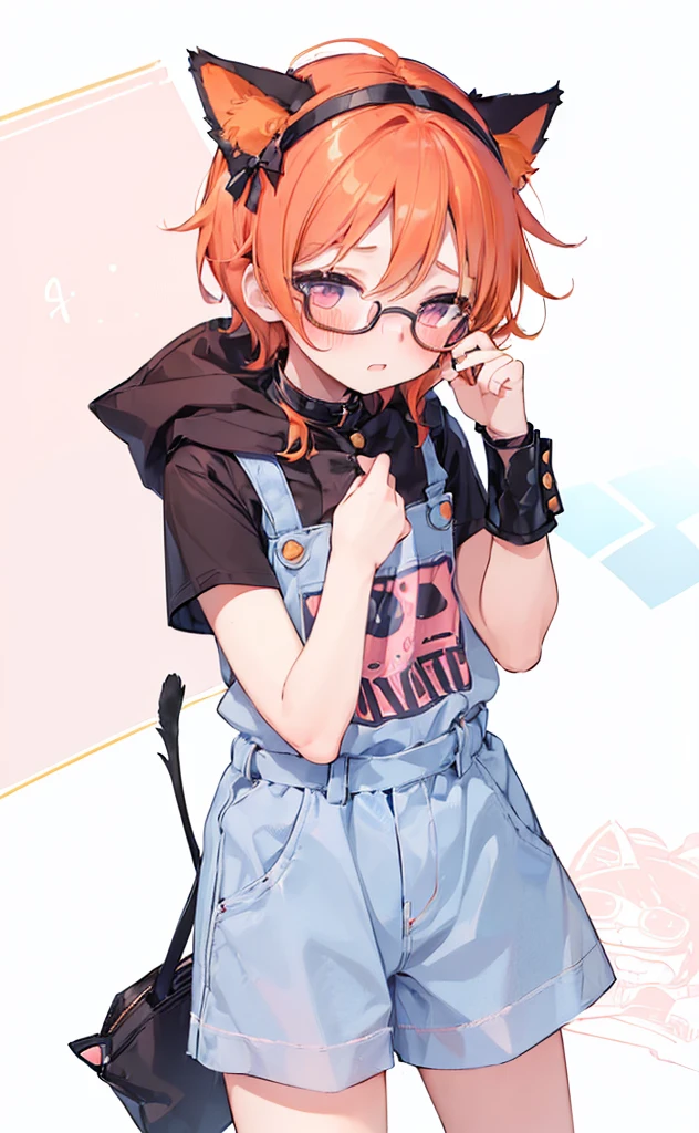 (((Boy with cat ears))), 8k, ((best quality)), 7 yease old, very cute, orange hair, (((very blush))), Wear glasses,