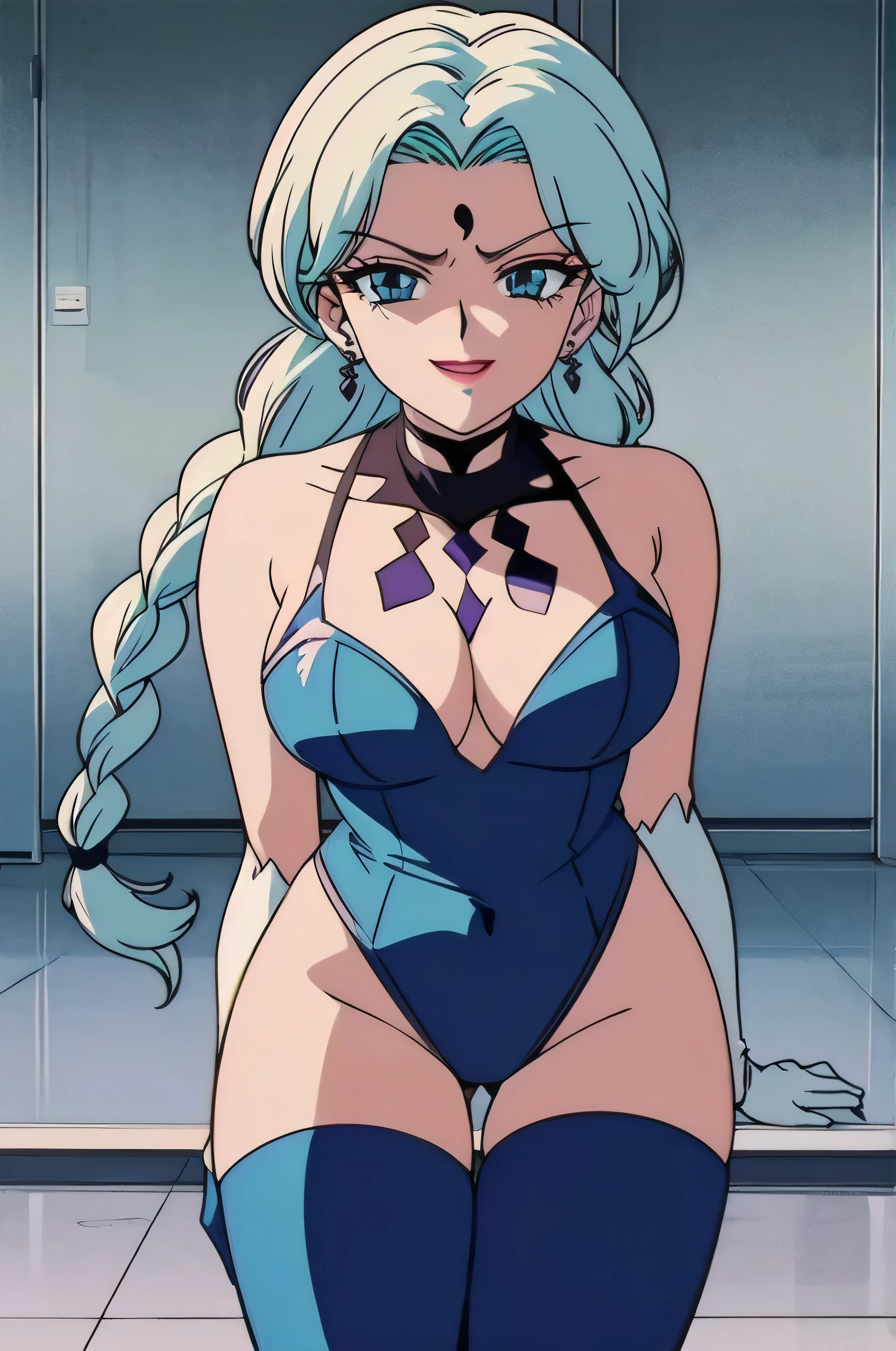 1girl, solo, facing viewer, looking at viewer,,evil smile, BERTIE,lightblue leotard,elbow gloves,thighhigh boots,Highly detailed CG Unity 8K wallpaper, perfect lightingofficial art,short pants,(beautiful_face:1.5),(narrow_waist),,Highly detailed CG Unity 8K wallpaper, perfect lighting, anime screencap, retro artstyle, anime coloring, traditional media,evil huge laugh,lipstick,black and dark aura backgroud,sadistic,shaded face,single braid,smile worst,erotic,lewd,one braid