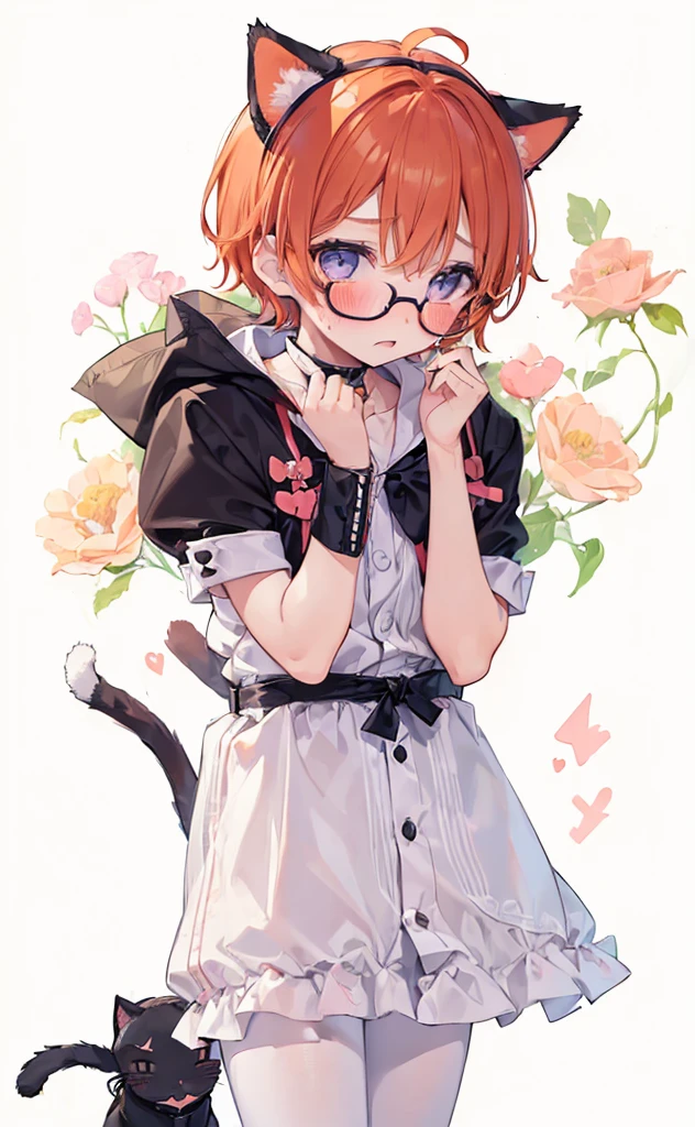 (((Boy with cat ears))), 8k, ((best quality)), 7 yease old, very cute, orange hair, (((very blush))), Wear glasses,