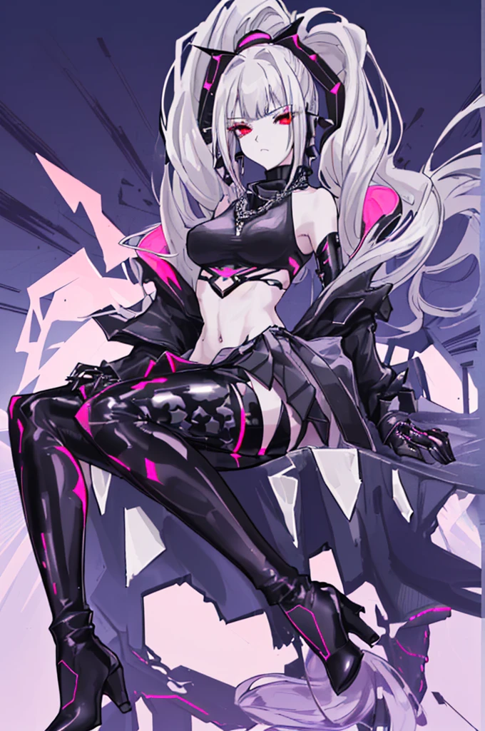 (art, Best quality, ultra detailed, High contrast) 1 woman (standing alone, whole body, curvaceous figure, on the edge of a tall skyscraper, long silver hair, pulled back into a ponytail, fall down her back., broken ruby red eyes, reflecting melancholy, (wear leggings with an intricate pattern, pleated skirt flows around her hips, sports top, hugging her figure, tall boots with metallic accents, long fur jacket, adding texture, black cybernetics with neon pink accents), Detailed face with expressive lines, black transparent tights, sharp facial features, metal necklace with thin chain around the neck., line