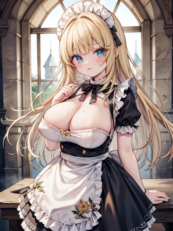 masterpiece, highest quality, Very detailed, 16k, Ultra-high resolution, Cowboy Shot, , Perfect Fingers, Detailed face, Super big boobs, blue eyes, blonde, Braiding, Long Hair, Black maid outfit, Castle gardens, Drying lots of sheets