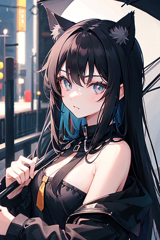 Black Hair,Black clothing,Cat ear,Girl,Poker face,With an umbrella