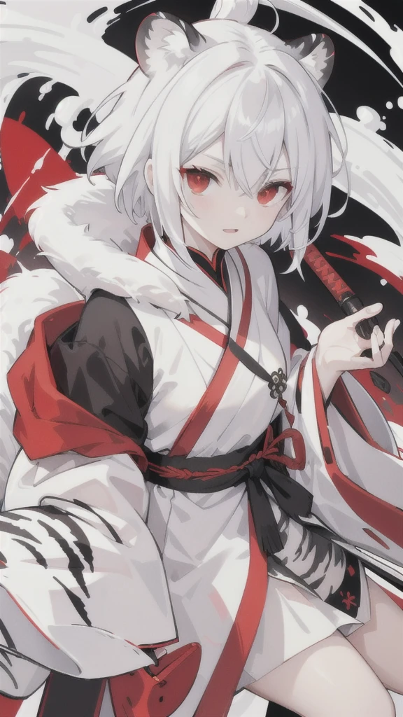 Short white hair,Red eyes,Black and white tiger pattern Hanfu armor,Black and white dagger