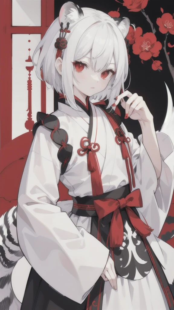 Short white hair，Red eyes，Black and white tiger pattern Hanfu armor，Black and white dagger