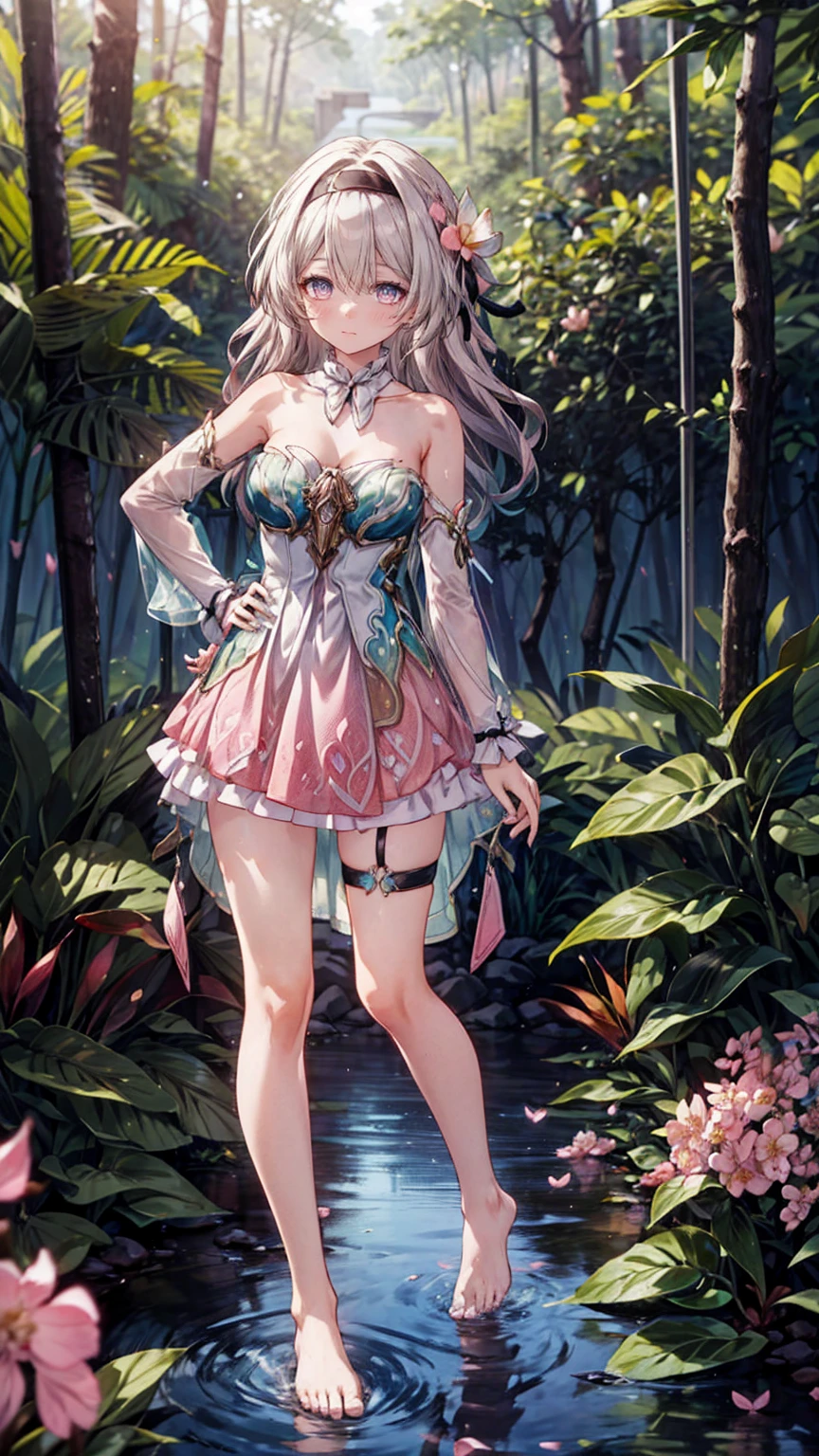 (Pink strapless dress :1.5), silver Long hair, black _ hair band, X-shaped _ eyebrows, hair band, POE _ Hair, bangs, bare shoulders, full body shot, black stockings, (Peach Blossom Forest:1.3),Creek,Bare feet,soaking feet,hand on hip