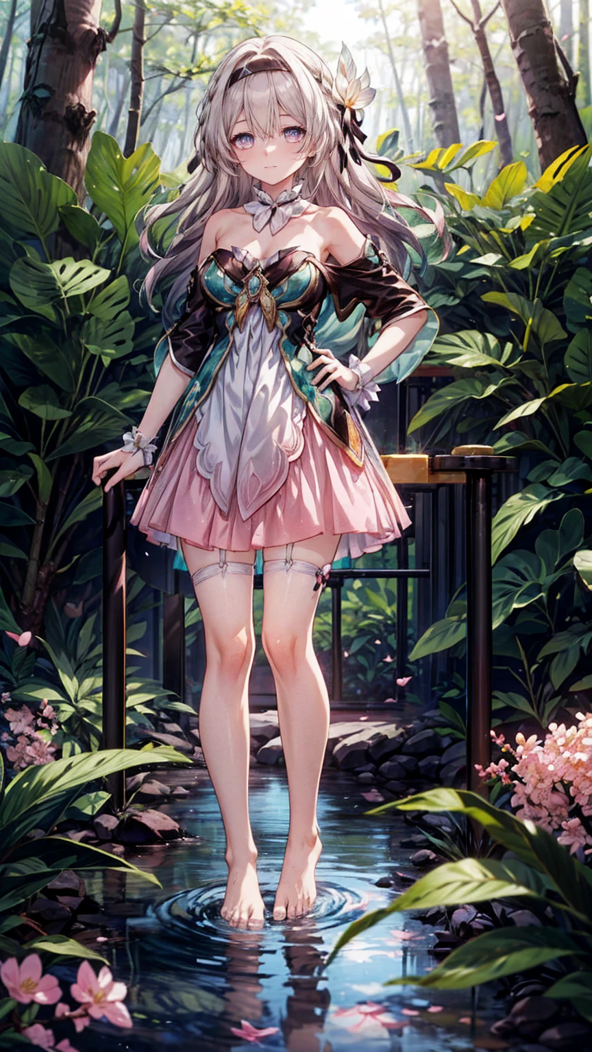 (Pink strapless dress :1.5), silver Long hair, black _ hair band, X-shaped _ eyebrows, hair band, POE _ Hair, bangs, bare shoulders, full body shot, black stockings, (Peach Blossom Forest:1.3)，Creek，Bare feet，soaking feet，hand on hip