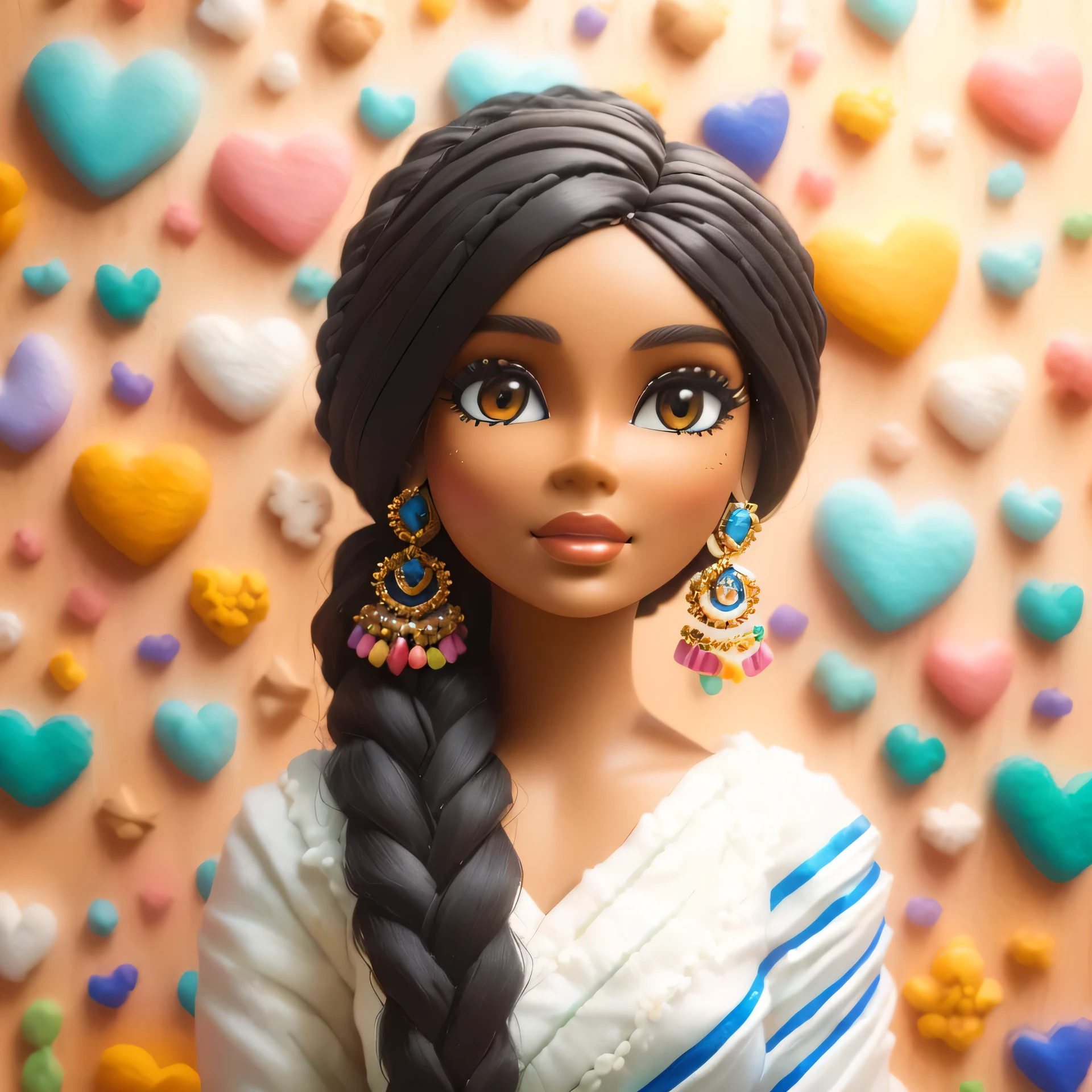 a close up of a doll with a braid and earrings, toy photography, portrait of barbie doll, 3 d clay figure, beautiful avatar pictures, indian girl with brown skin, toy commercial photo, patron saint of 🛸🌈👩🏾, claymation character, as a claymation character, close up portrait shot, barbie doll, detailed portrait shot