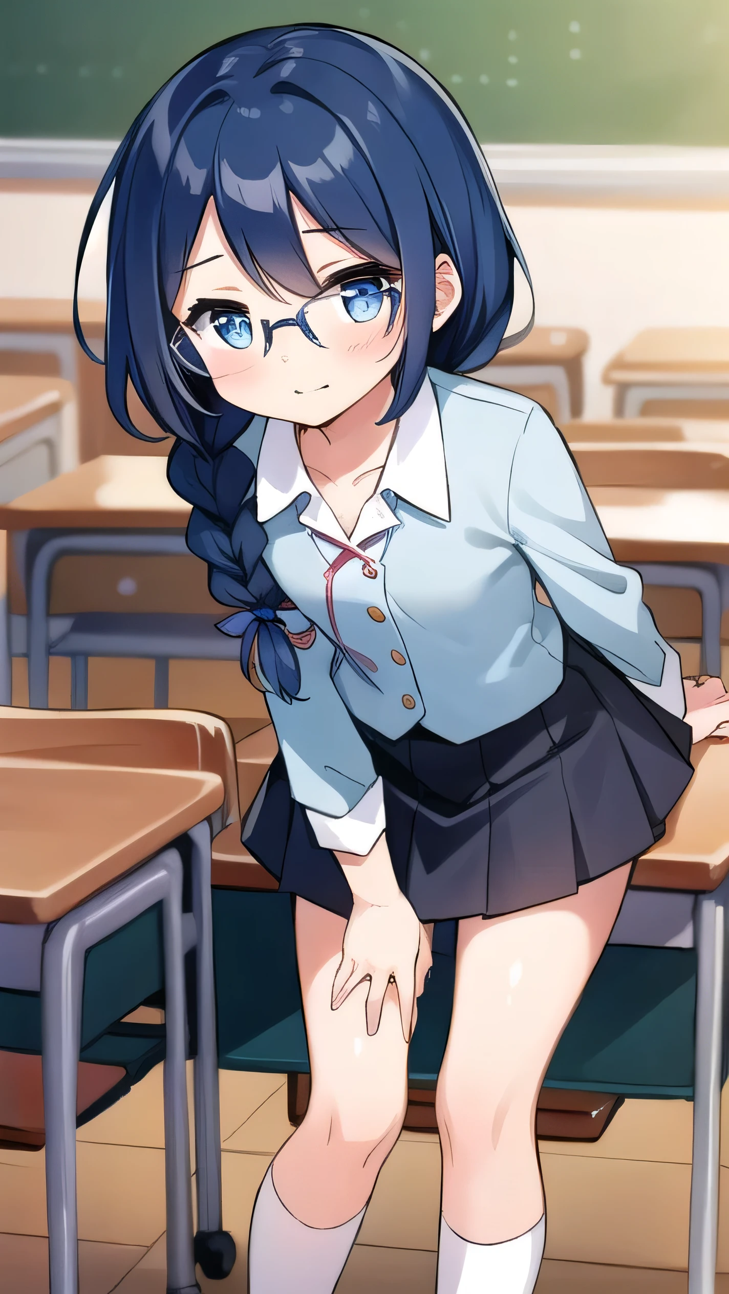 small breasted girl, short, elementary school student, blue hair, single braid, blue eyes, round eyes, shy, shy, classroom, short, young face, short height, , glasses with no edges,flat chest,