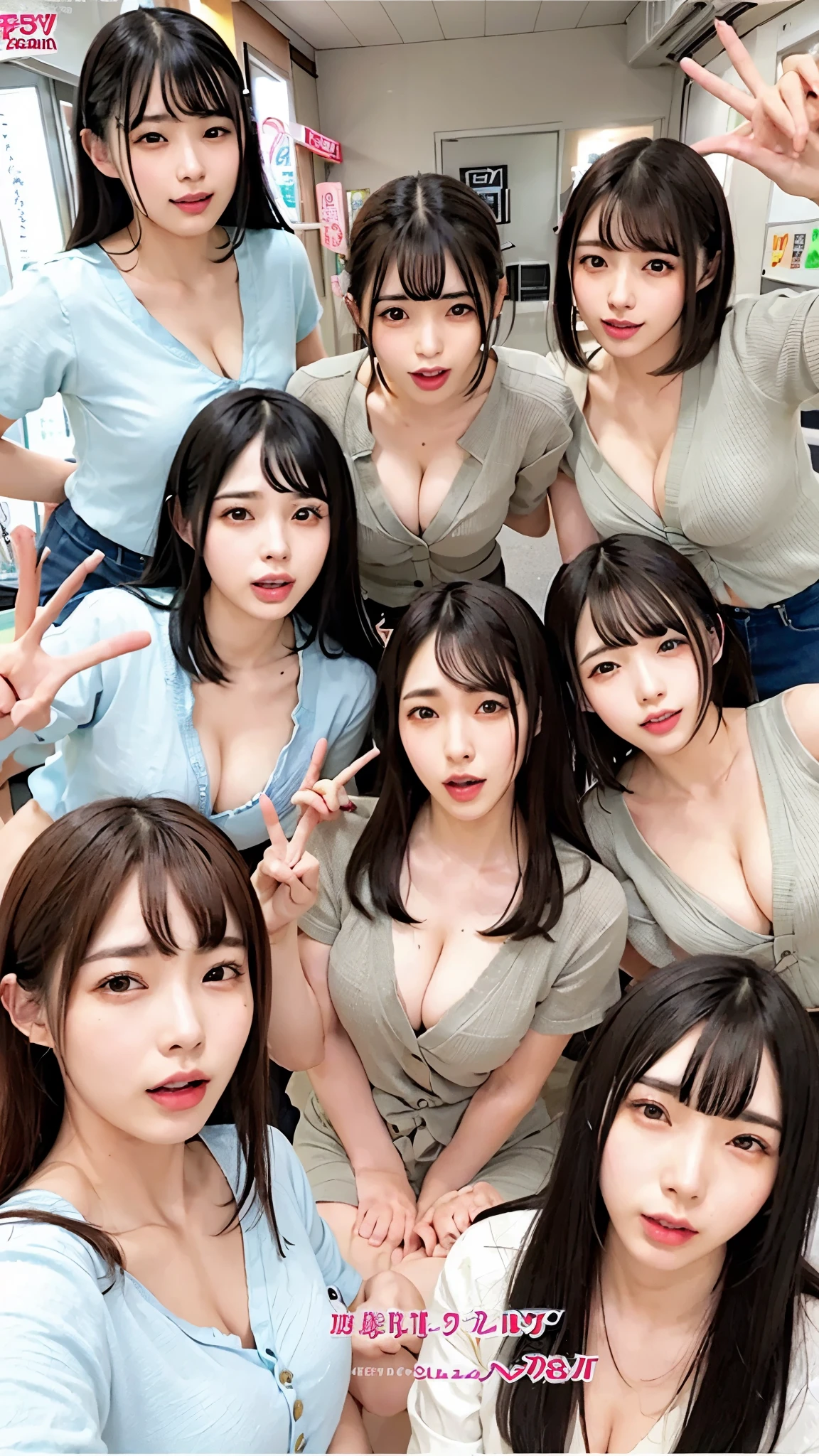 Five women:1.7,Group photo:1.8,
Bend,Fast food clerk,
Sweat,Ahegao,Double Peace,
vapor,
Shaggy Hair,
excited, 
The first button was undone,
Bangs that reveal the forehead,

#Quality UHigh resolution,1080p,16k,4K,8k,absolutely,Absurd,Anatomically correct,Awards,ultra high quality,Accurate,High resolution,Attention to detail,high quality,High resolution,masterpiece ,Realistic,RAW Photos,solve,retina,Very detailed,Textured skin,Very detailed ,ultraHigh resolution
