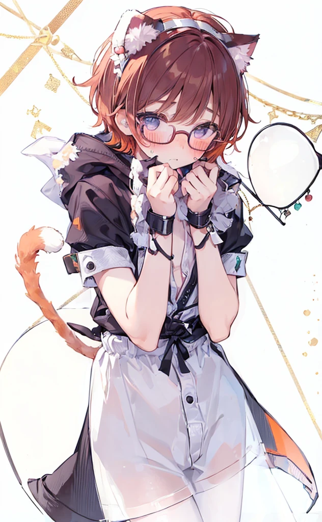 (((Boy with cat ears))), 8k, ((best quality)), 7 yease old, very cute, orange hair, (((very blush))), Wear glasses,