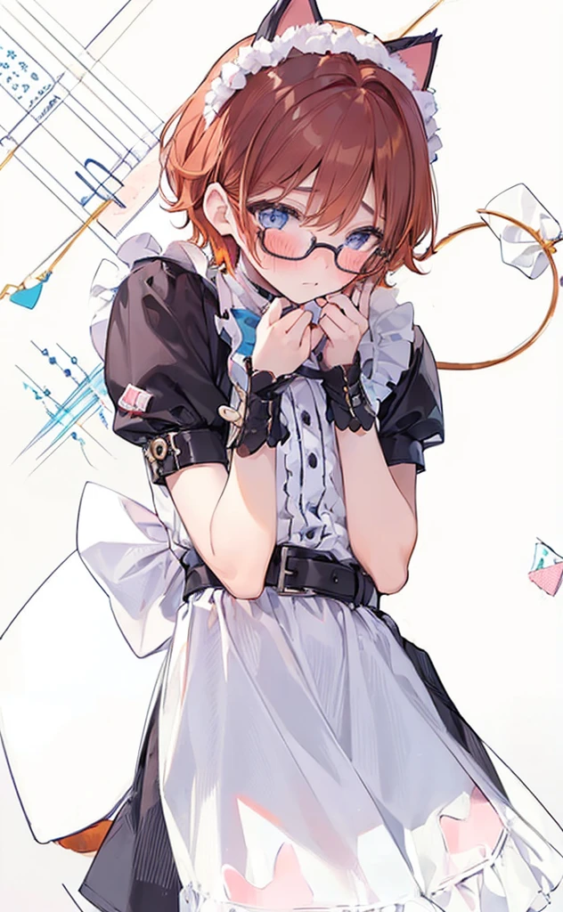 (((Boy with cat ears))), 8k, ((best quality)), 7 yease old, very cute, orange hair, (((very blush))), Wear glasses,